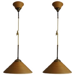 Rare Pair of Hand Crafted Mid-Century Modern Rattan and Brass Pendants / Lamps