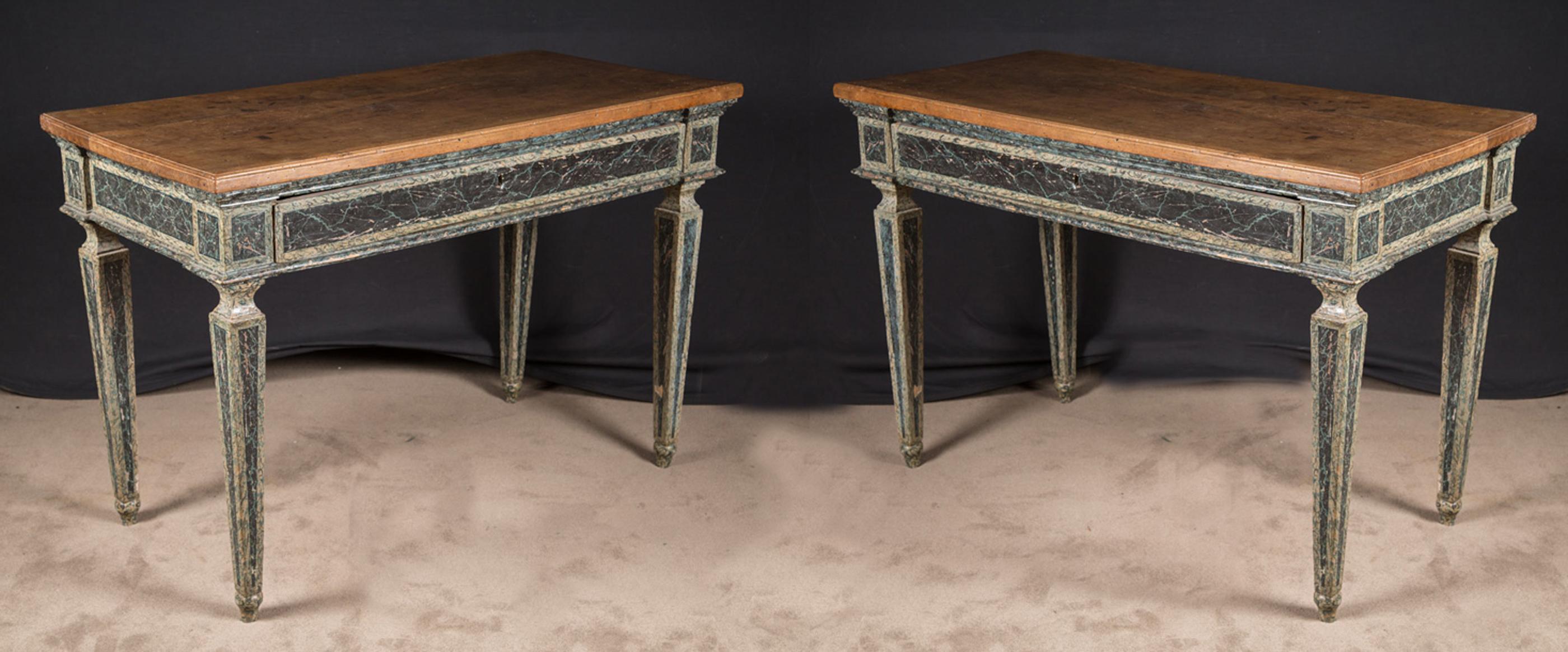 Rare Pair of Hand Painted 18th Century Louis XVI Consoles with Walnut Top For Sale 1