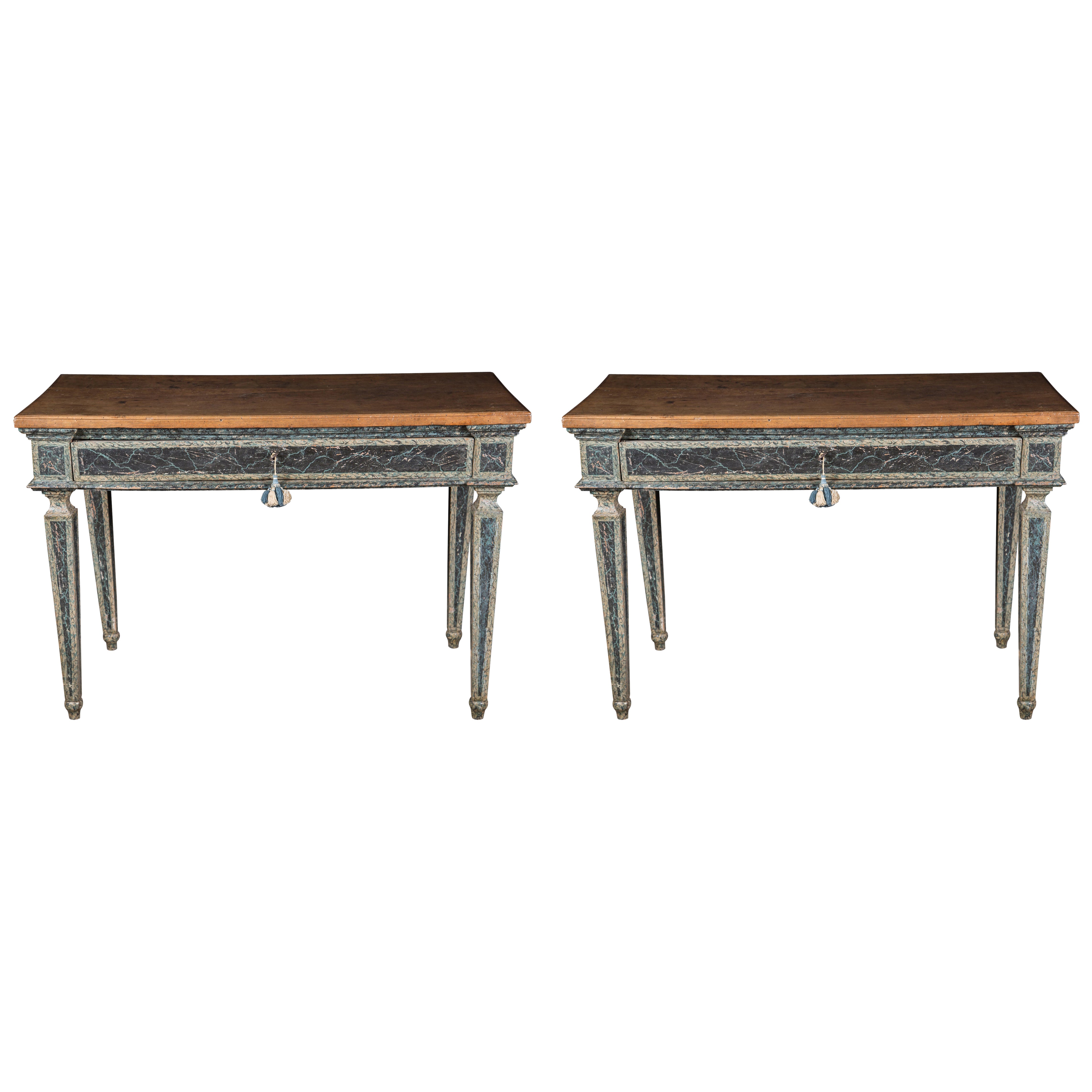 Rare Pair of Hand Painted 18th Century Louis XVI Consoles with Walnut Top For Sale