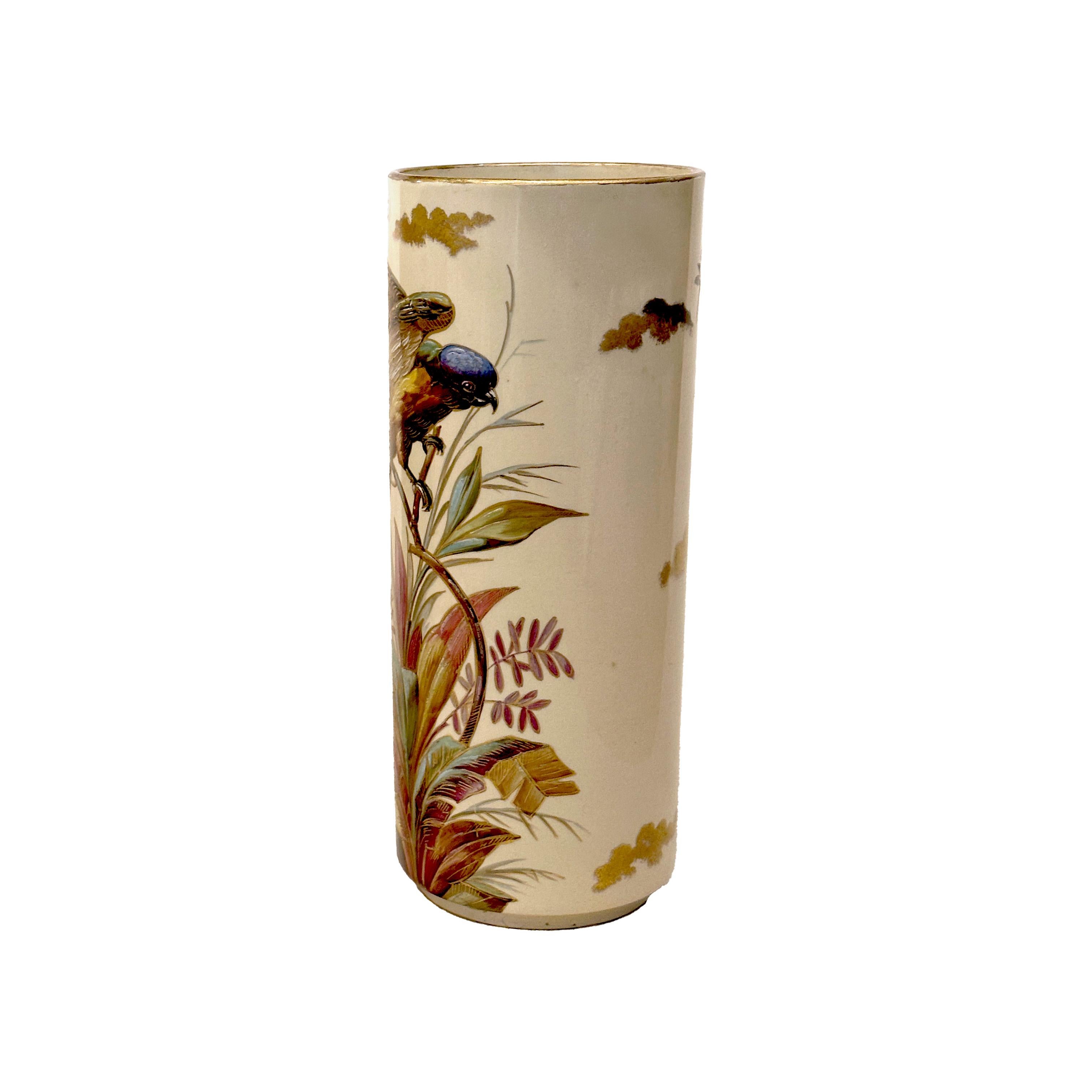 Hand-Painted Pair hand-painted exotics birds vase Creil & Montereau circa 1876-1884 For Sale