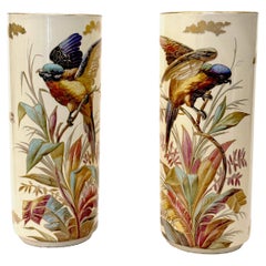 Pair hand-painted exotics birds vase Creil & Montereau circa 1876-1884