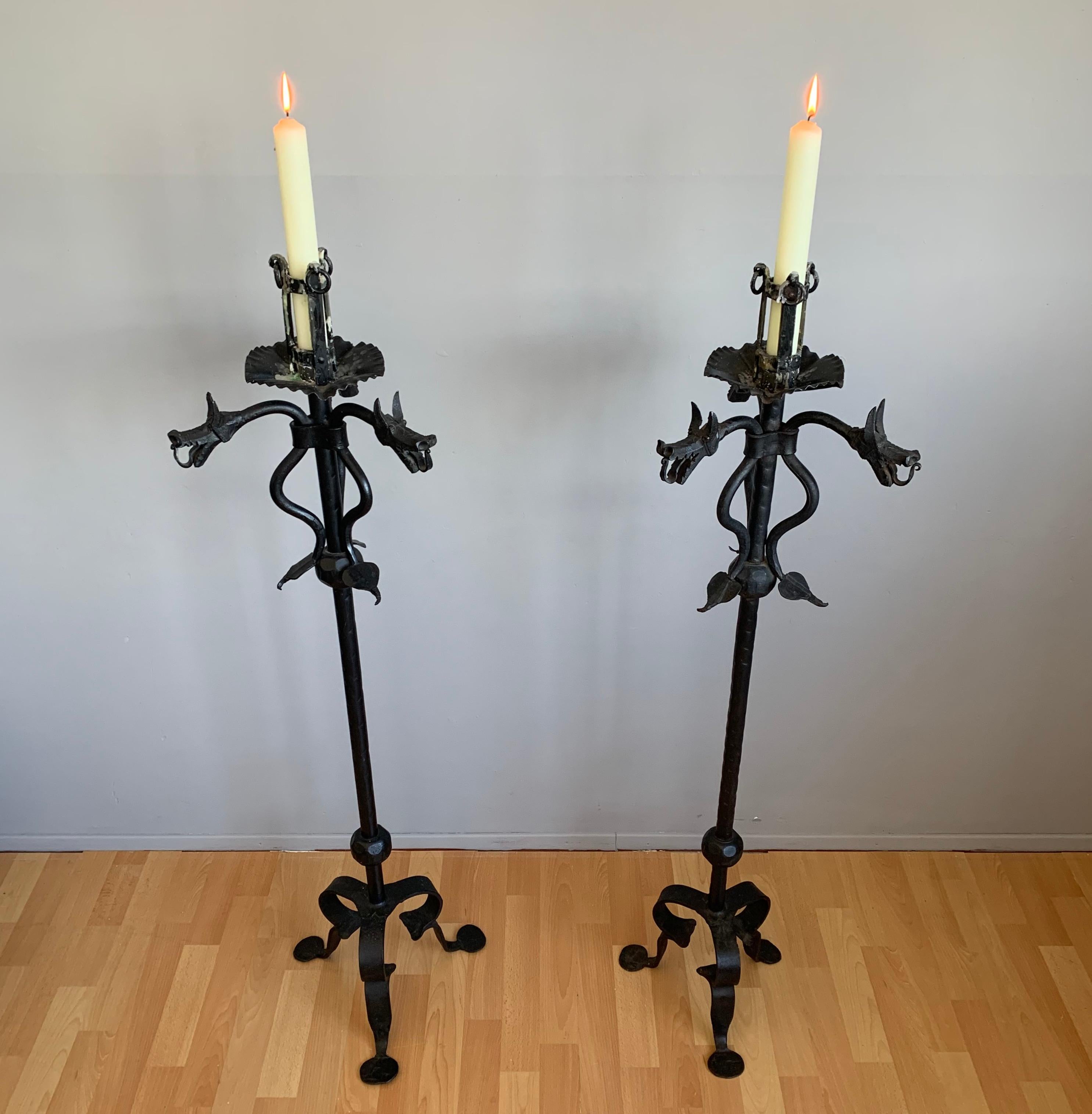 Rare Pair of Handforged Gothic Style Dragon Heads & Tails Torchiere Candlesticks 3