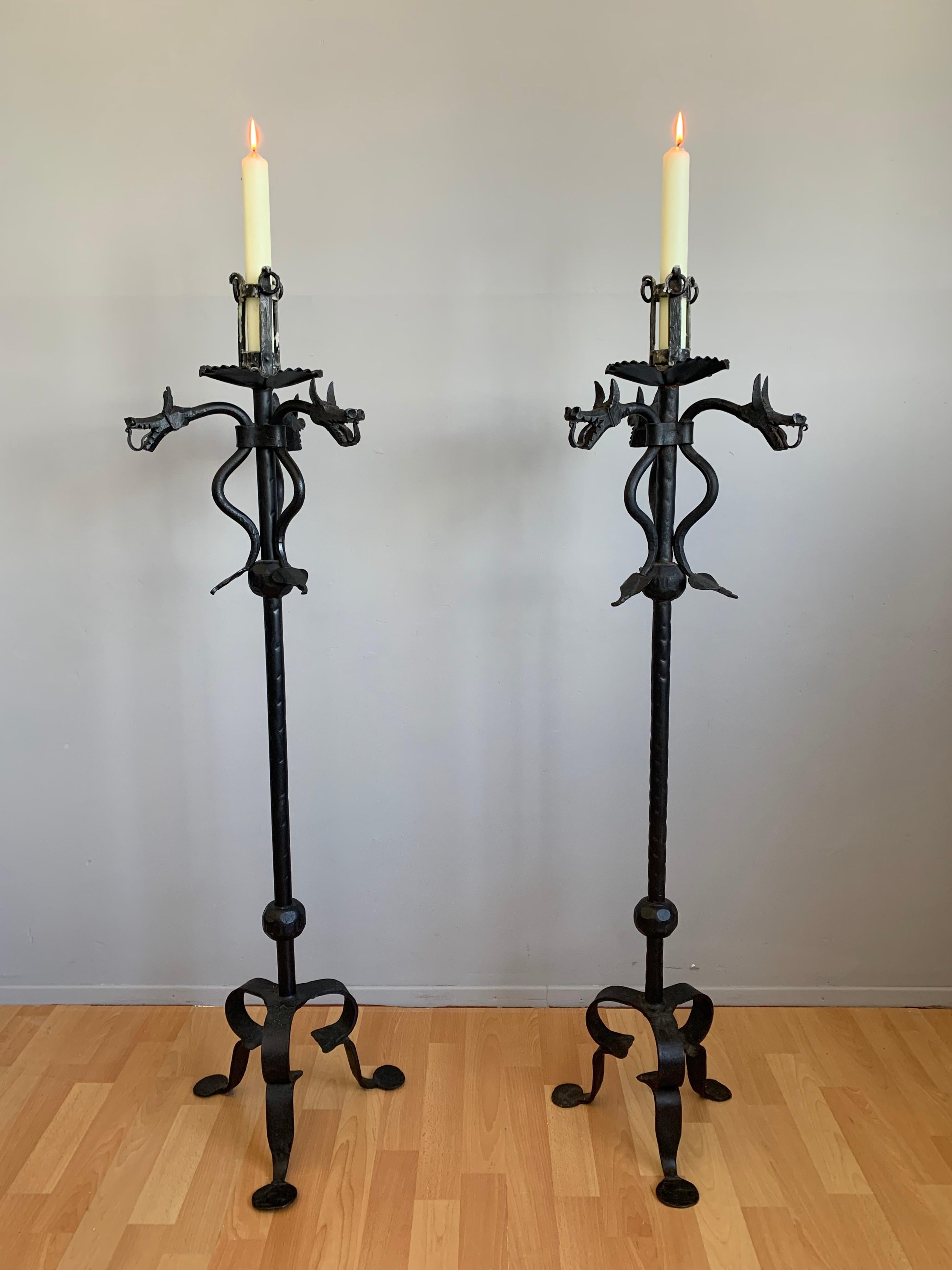 Rare Pair of Handforged Gothic Style Dragon Heads & Tails Torchiere Candlesticks 6