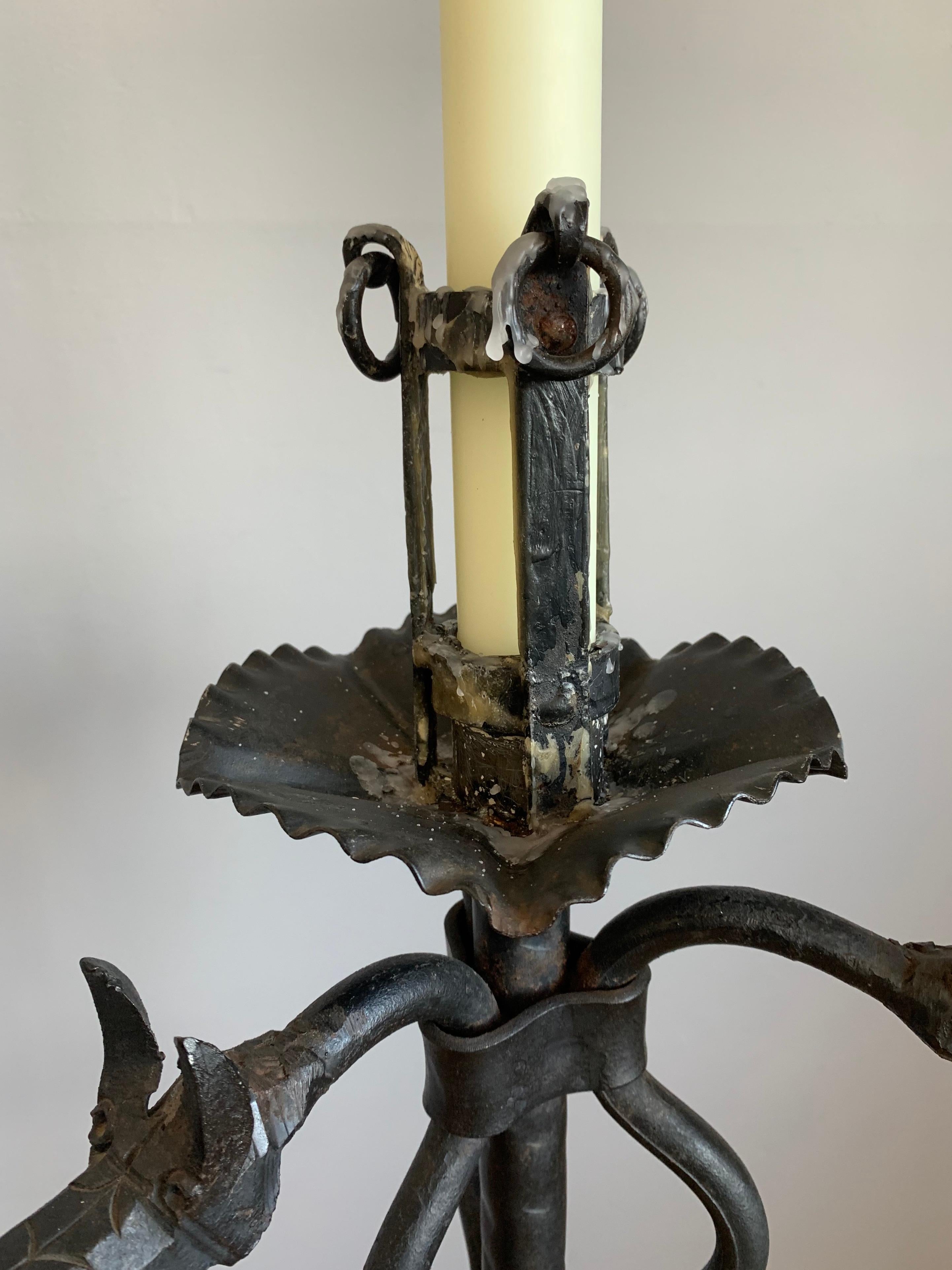 Rare Pair of Handforged Gothic Style Dragon Heads & Tails Torchiere Candlesticks 7