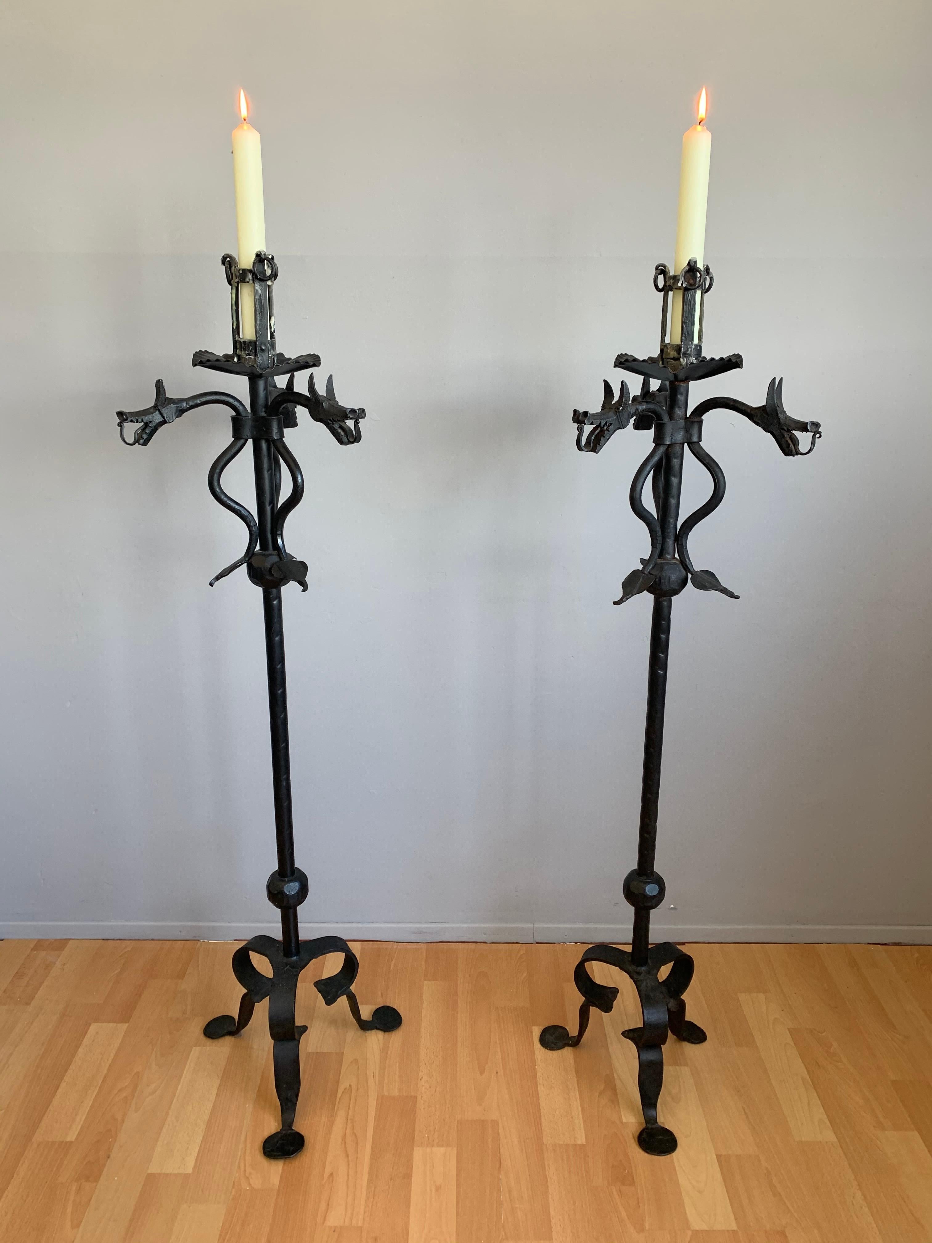 Rare Pair of Handforged Gothic Style Dragon Heads & Tails Torchiere Candlesticks 11