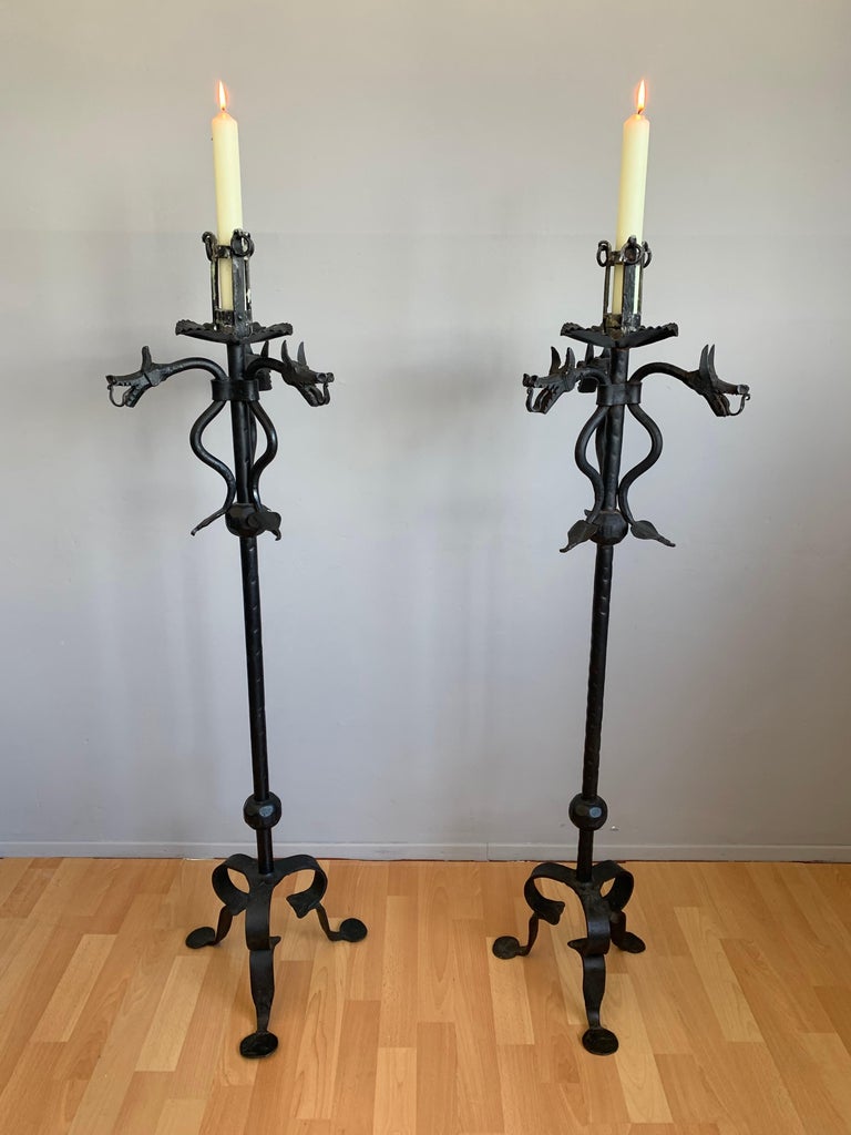 Rare Pair of Handforged Gothic Style Dragon Heads and Tails Torchiere ...