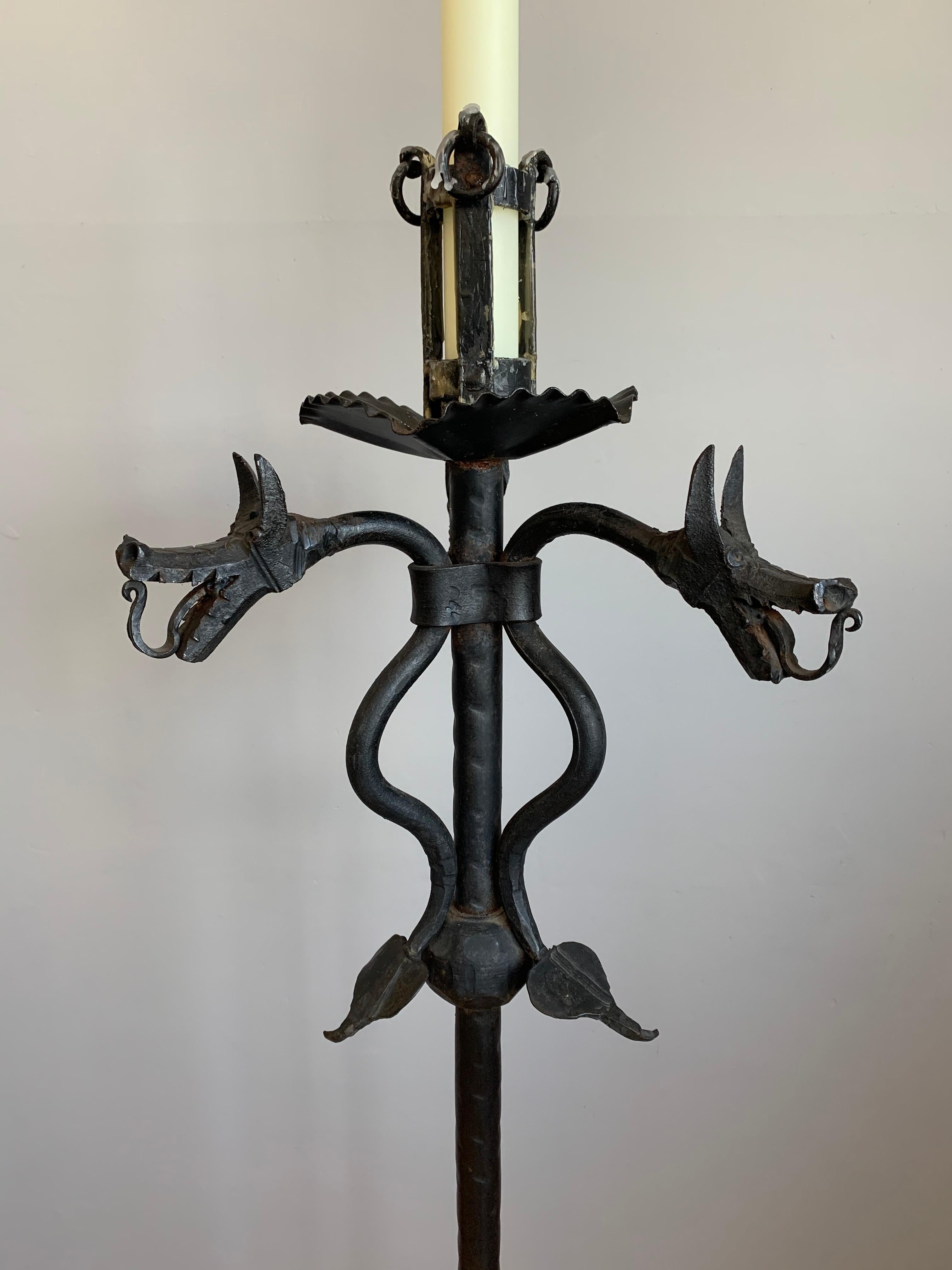 Gothic Revival Rare Pair of Handforged Gothic Style Dragon Heads & Tails Torchiere Candlesticks