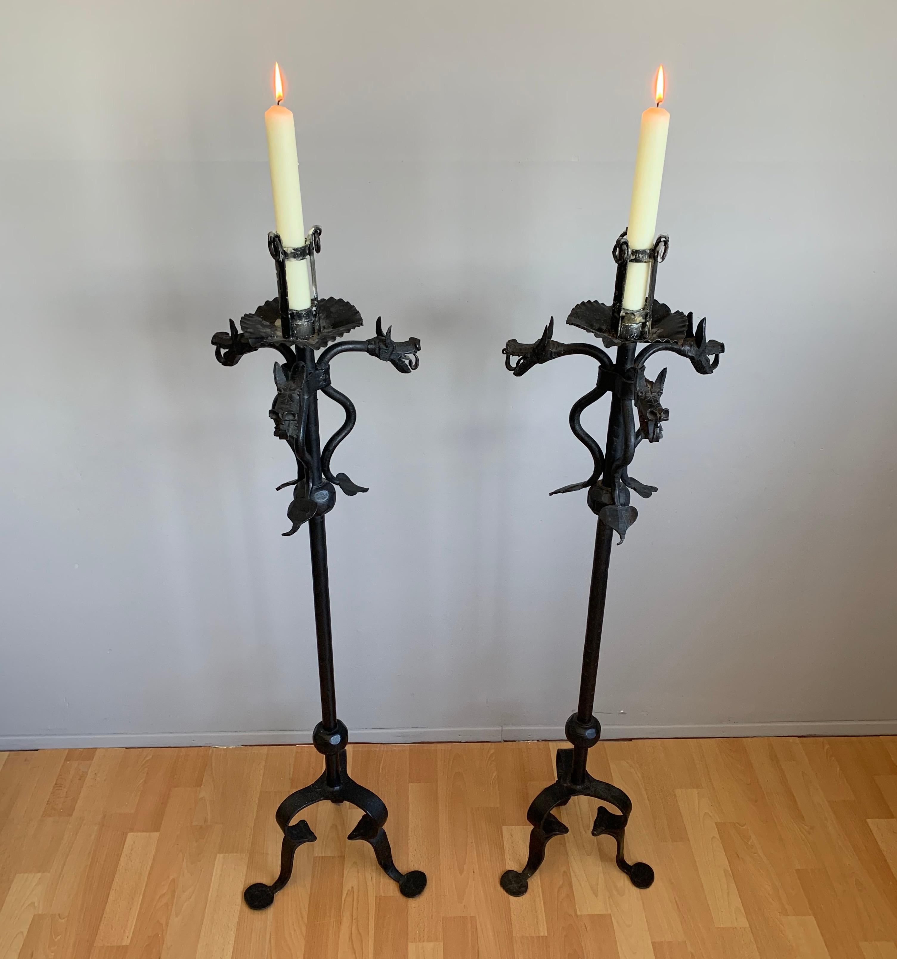 Blackened Rare Pair of Handforged Gothic Style Dragon Heads & Tails Torchiere Candlesticks
