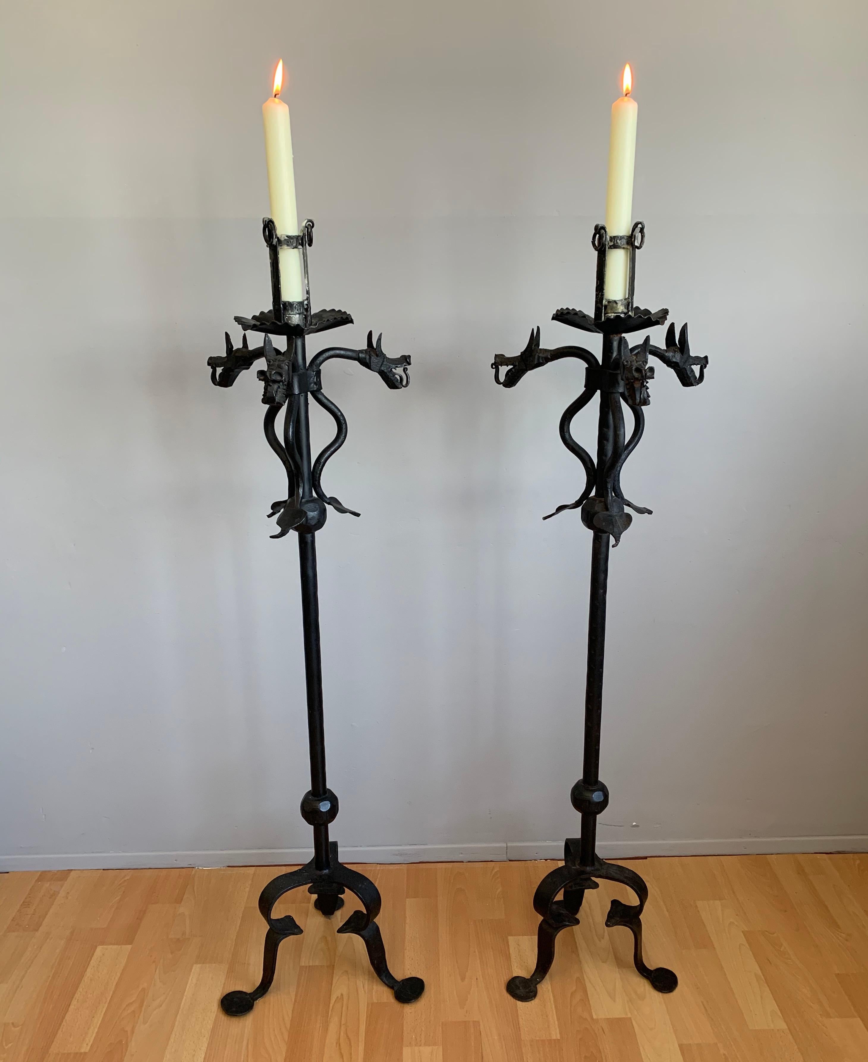 20th Century Rare Pair of Handforged Gothic Style Dragon Heads & Tails Torchiere Candlesticks