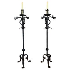 Antique Rare Pair of Handforged Gothic Style Dragon Heads & Tails Torchiere Candlesticks