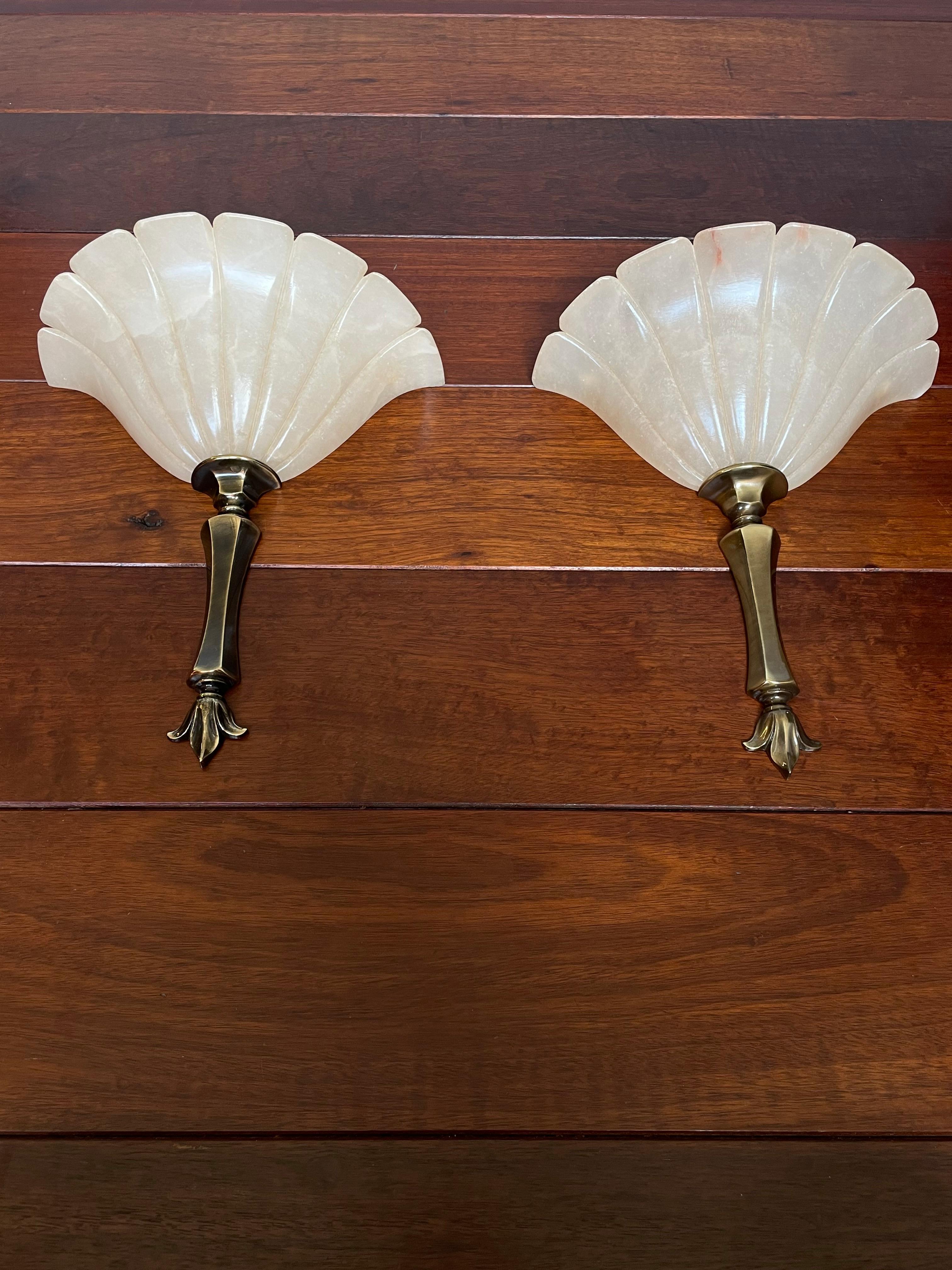 French Rare Pair of Handmade Hollywood Regency Alabaster & Brass Sconces / Wall Lights