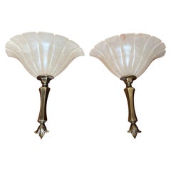 Rare Pair of Handmade Hollywood Regency Alabaster 
Brass Sconces / Wall Lights