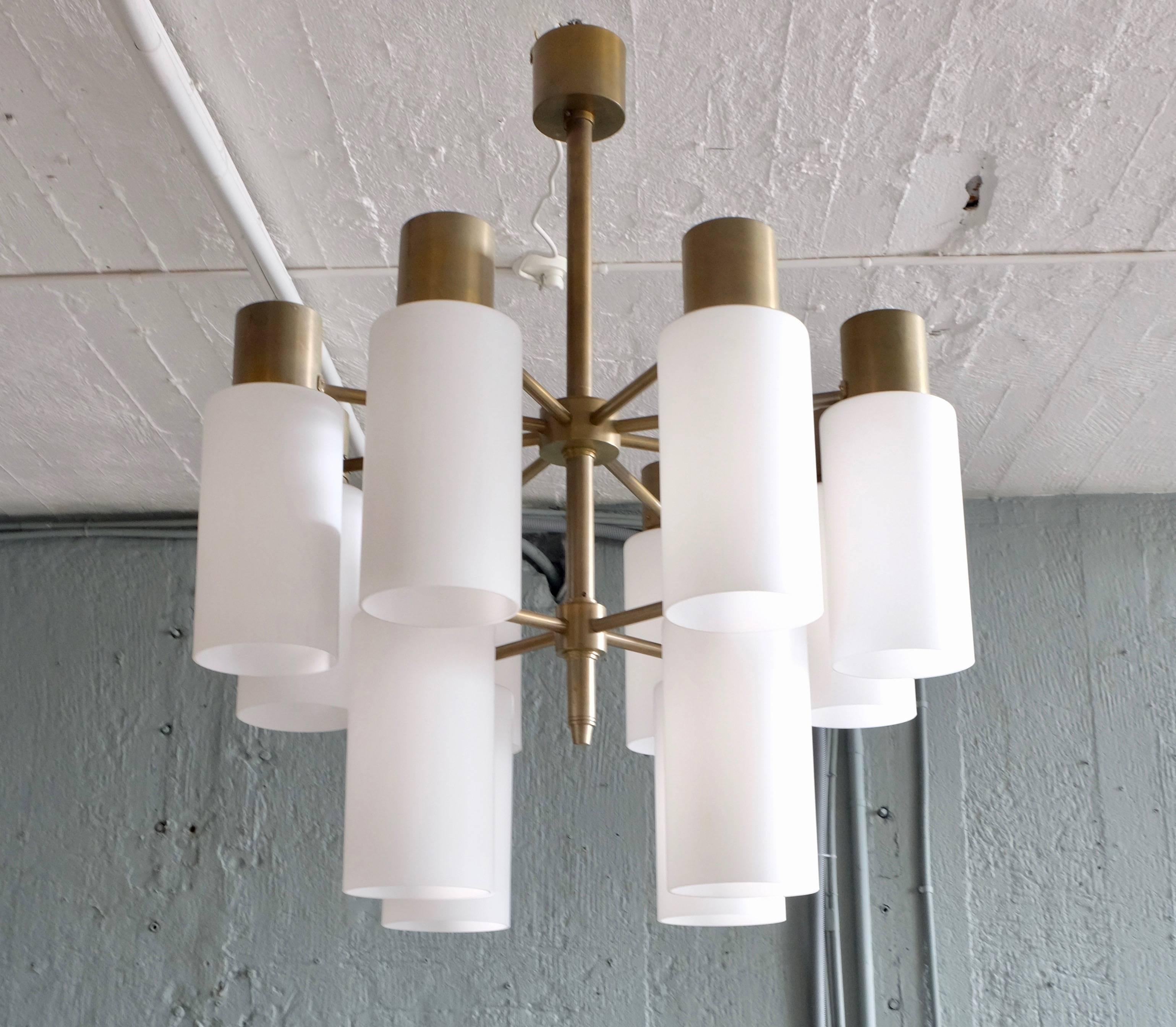 Swedish Rare Pair of Hans-Agne Jakobsson Brass Chandeliers with Opaline Shades, 1960s For Sale