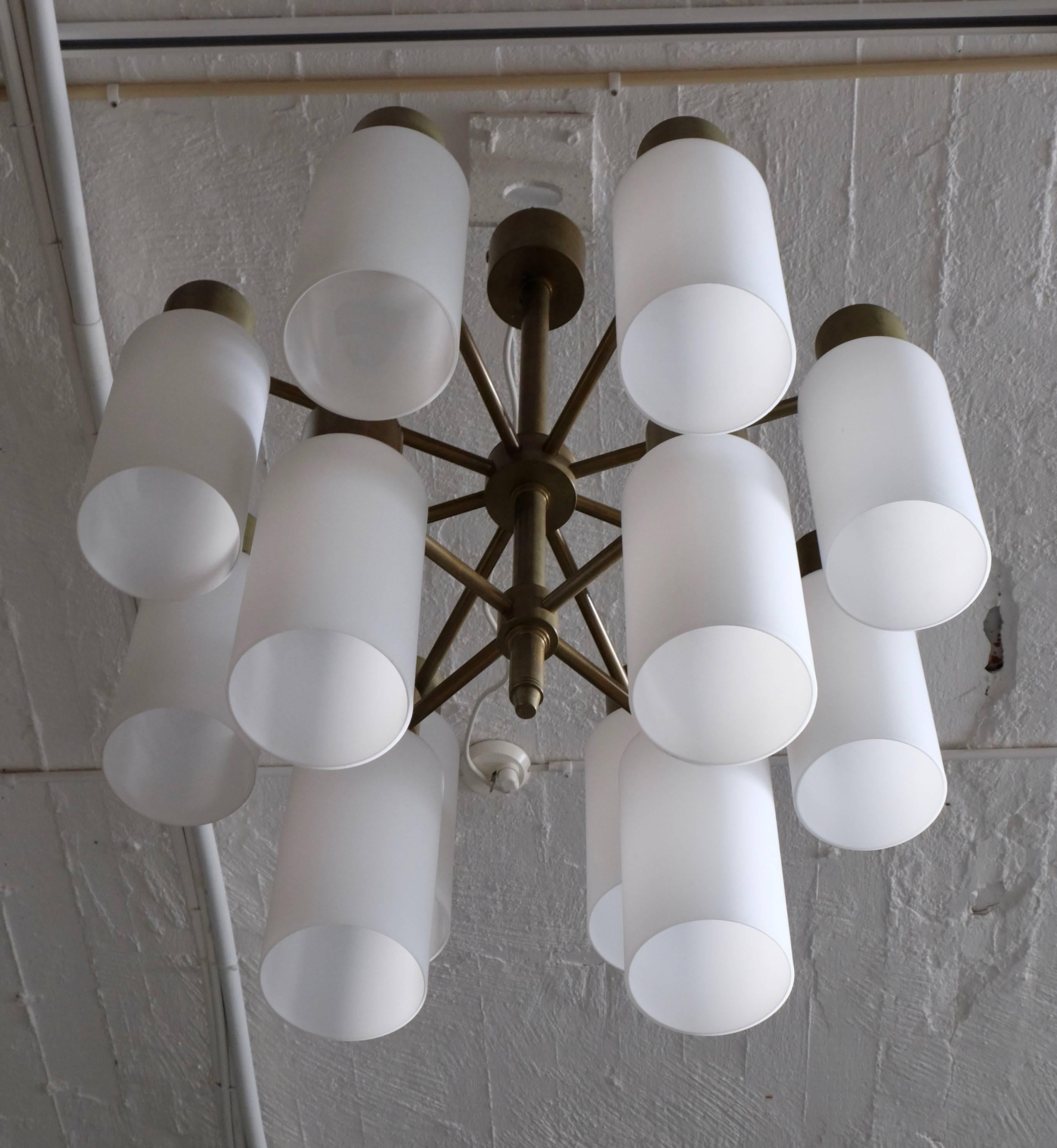 Rare Pair of Hans-Agne Jakobsson Brass Chandeliers with Opaline Shades, 1960s For Sale 2