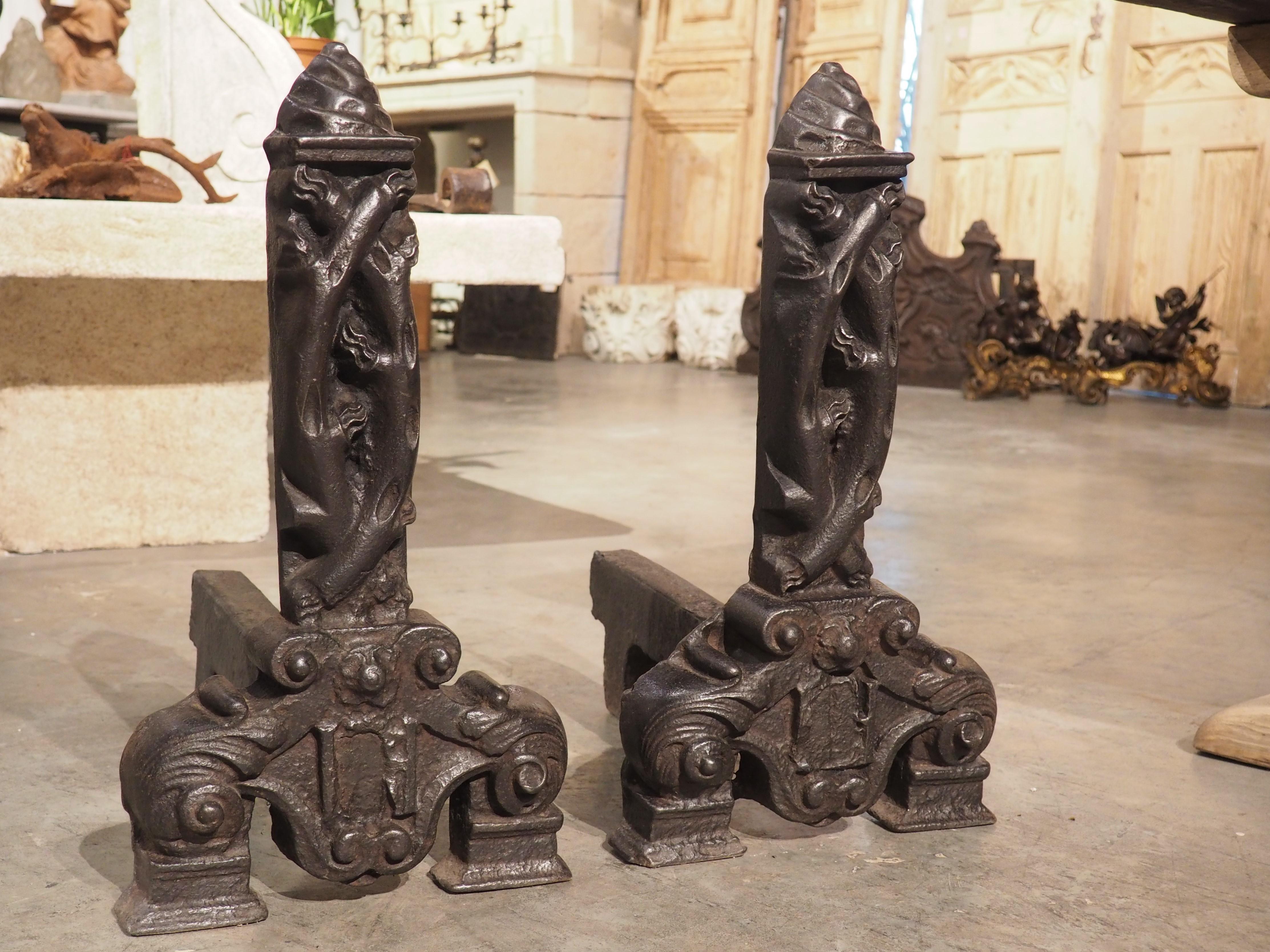These fireplace chenets are a wonderful example of French “haute epoque” iron work. They are estimated to have been created in the early 16th century. The artistic nature and high quality of the iron work indicate they would have been created for an