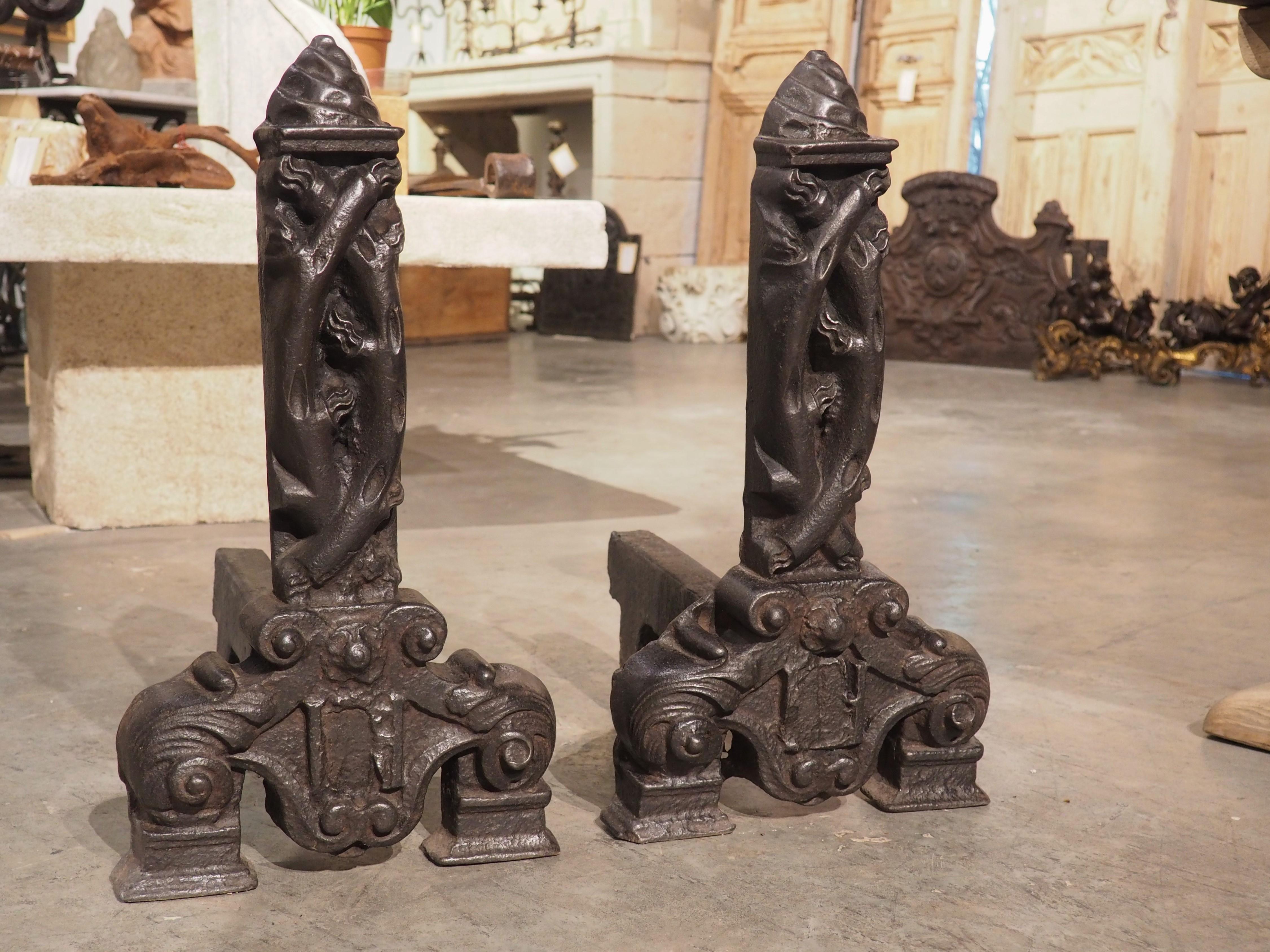 Renaissance Rare Pair of Heavy French Antique Iron Chenets, The Tree of Life, Circa 1520 For Sale