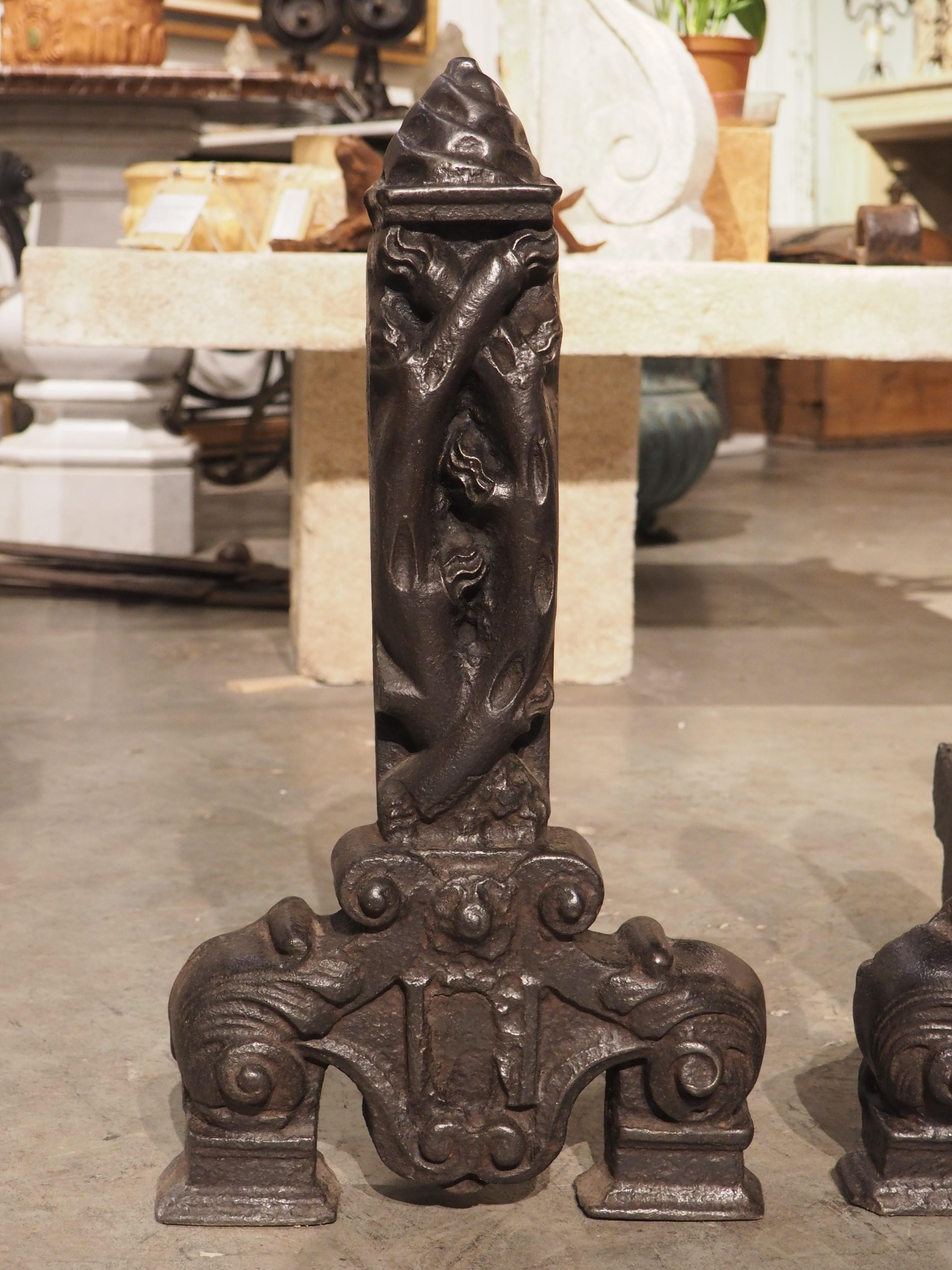 Cast Rare Pair of Heavy French Antique Iron Chenets, The Tree of Life, Circa 1520 For Sale
