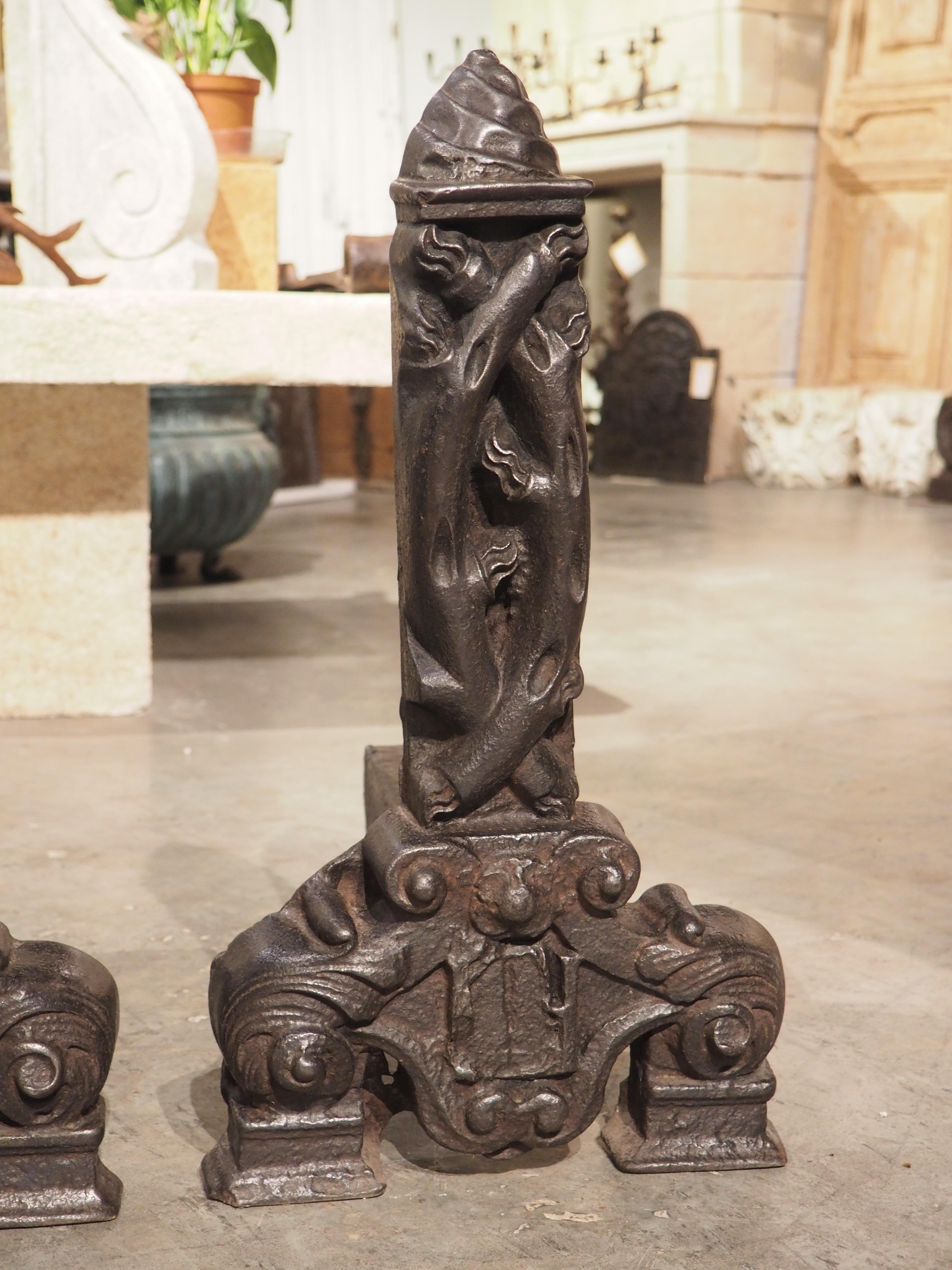 Rare Pair of Heavy French Antique Iron Chenets, The Tree of Life, Circa 1520 In Good Condition For Sale In Dallas, TX