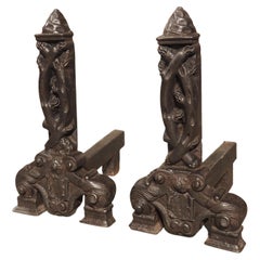 Rare Pair of Heavy French Used Iron Chenets, The Tree of Life, Circa 1520