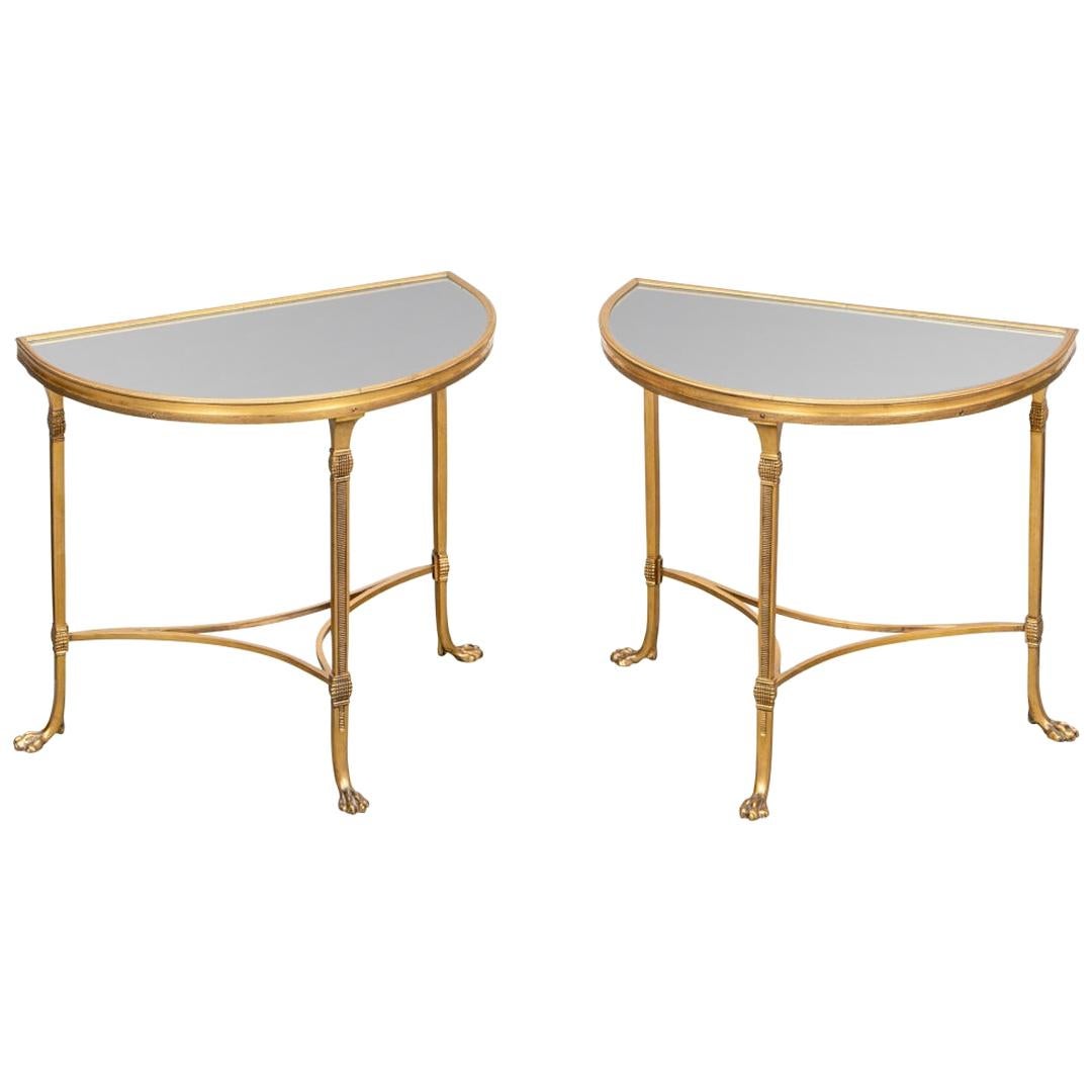 Rare Pair of Hollywood Regency French Mirror Top Gilt Bronze End Tables