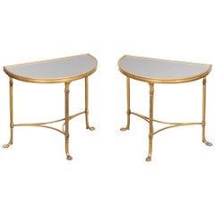 Rare Pair of Hollywood Regency French Mirror Top Gilt Bronze End Tables