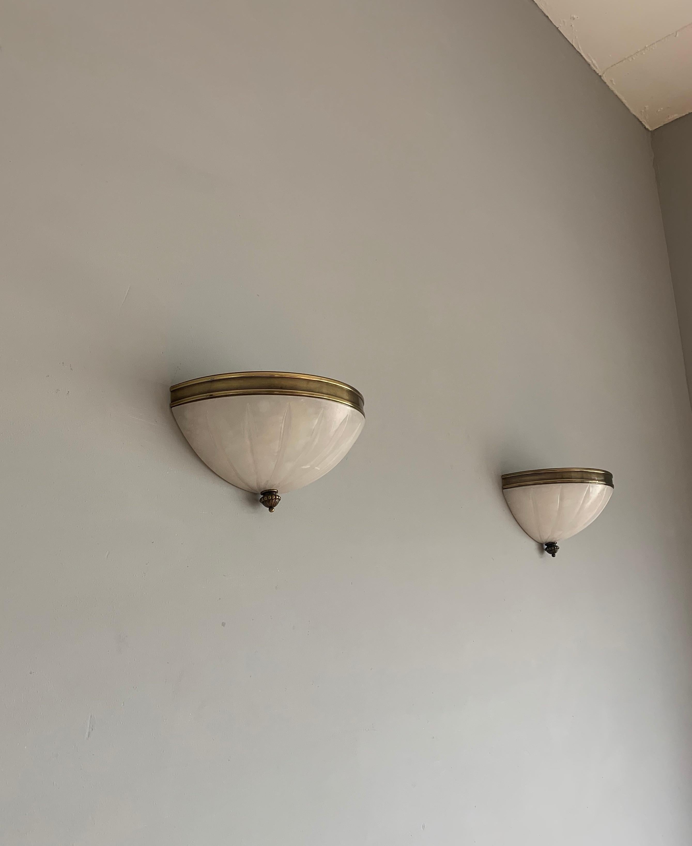Rare Pair of Midcentury Modern, Alabaster & Brass Wall Sconces / Fixtures For Sale 3