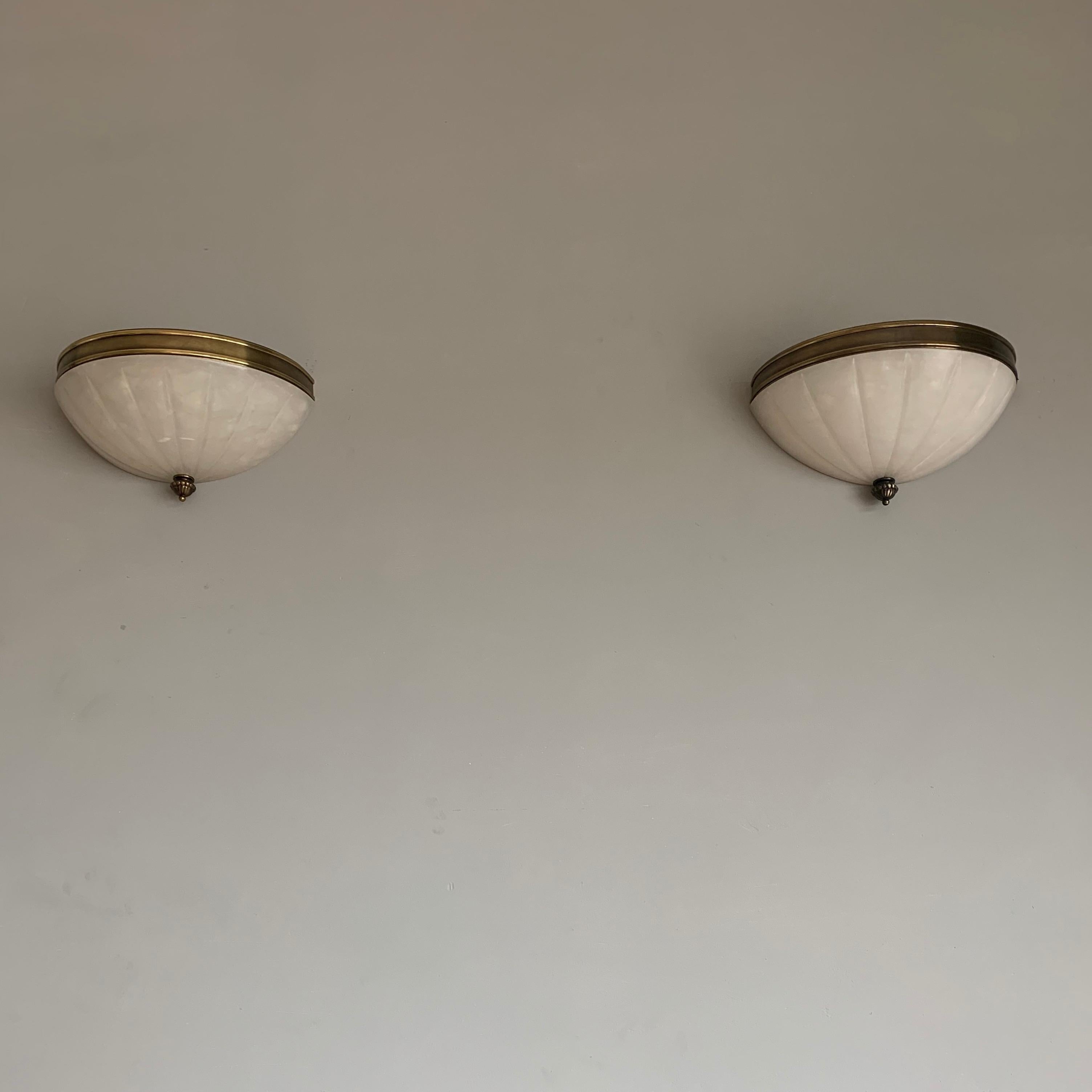 Rare Pair of Midcentury Modern, Alabaster & Brass Wall Sconces / Fixtures For Sale 4