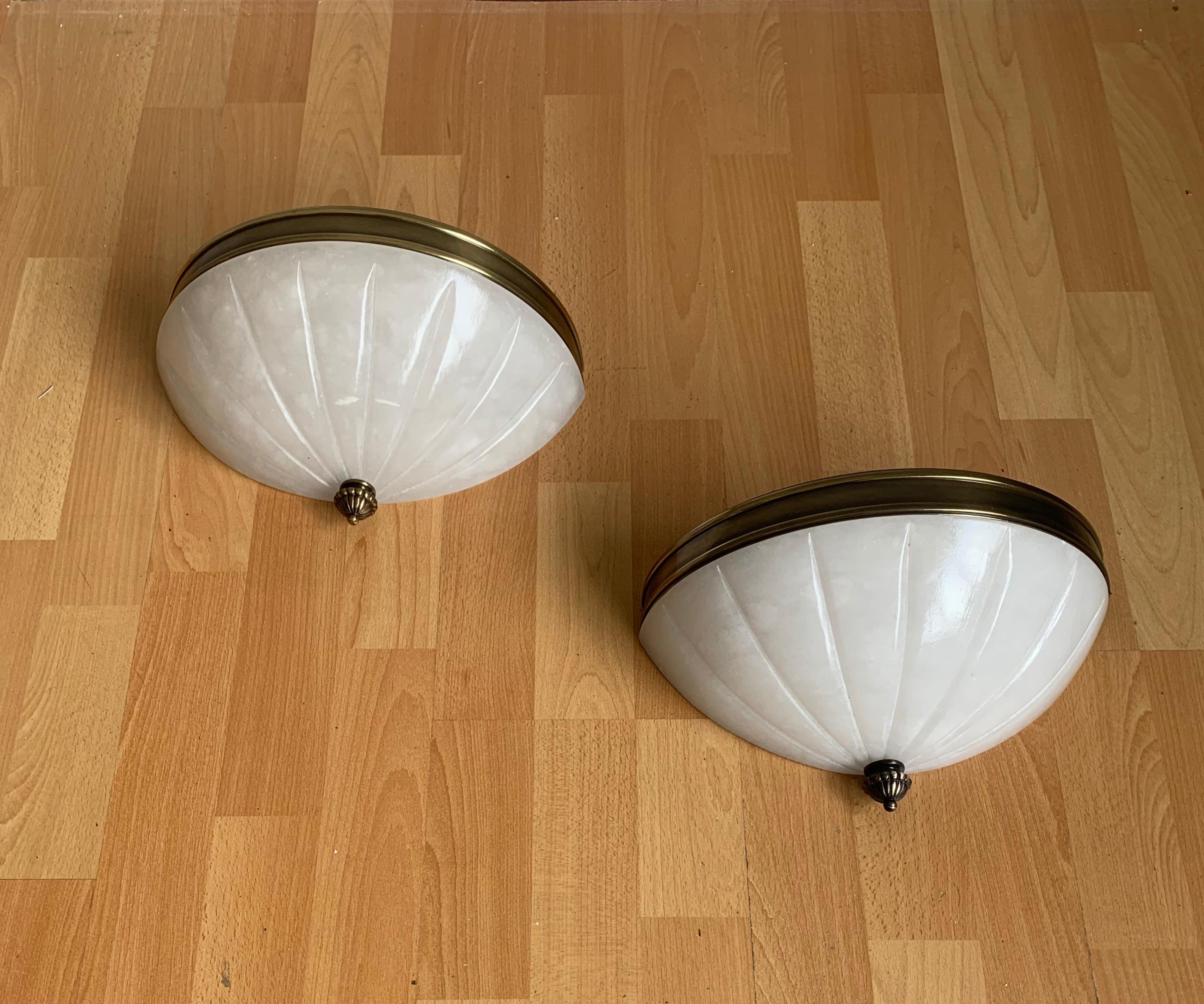 European Rare Pair of Midcentury Modern, Alabaster & Brass Wall Sconces / Fixtures For Sale