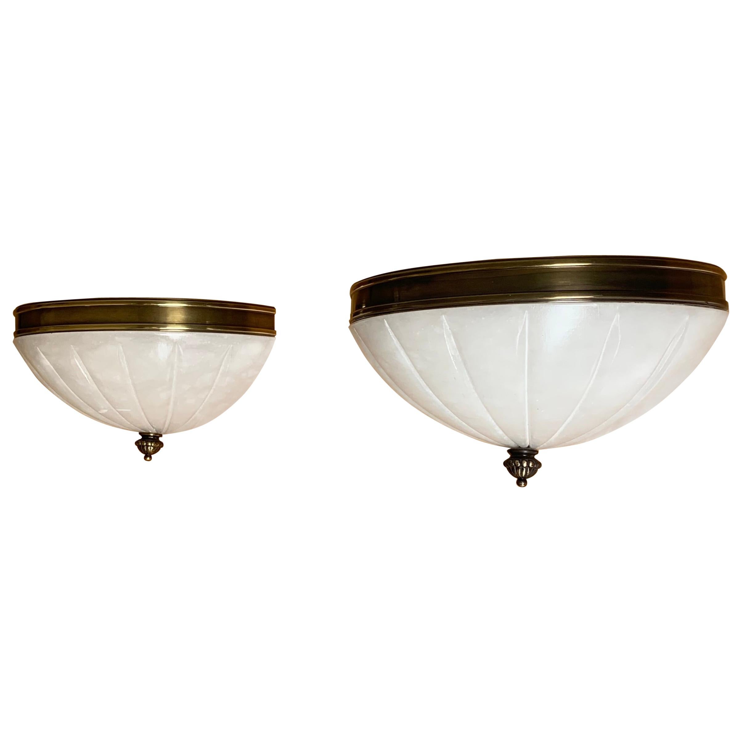 Rare Pair of Midcentury Modern, Alabaster & Brass Wall Sconces / Fixtures