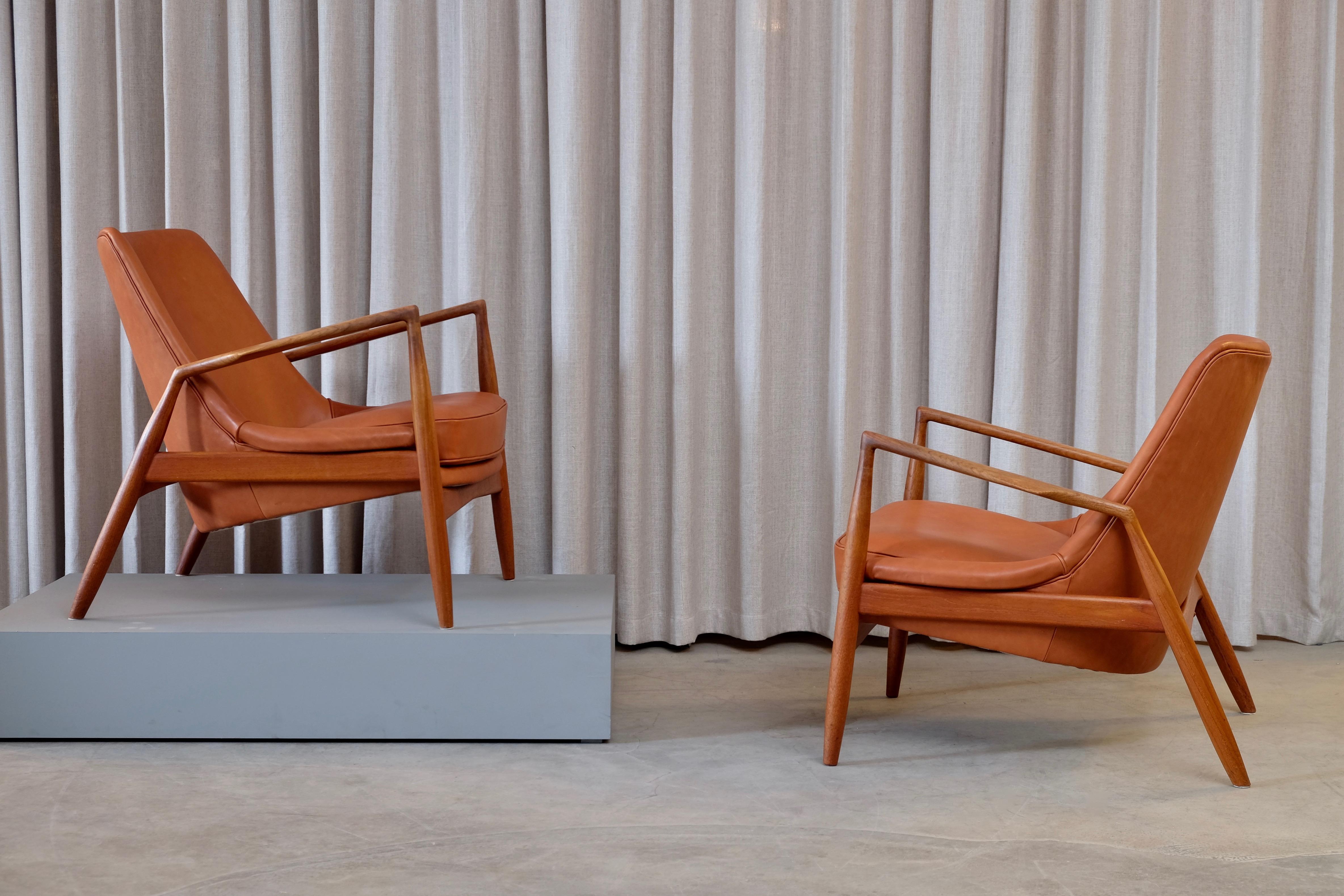 Leather Rare Pair of Ib Kofod-Larsen Seal or Sälen Easy Chairs, 1960s