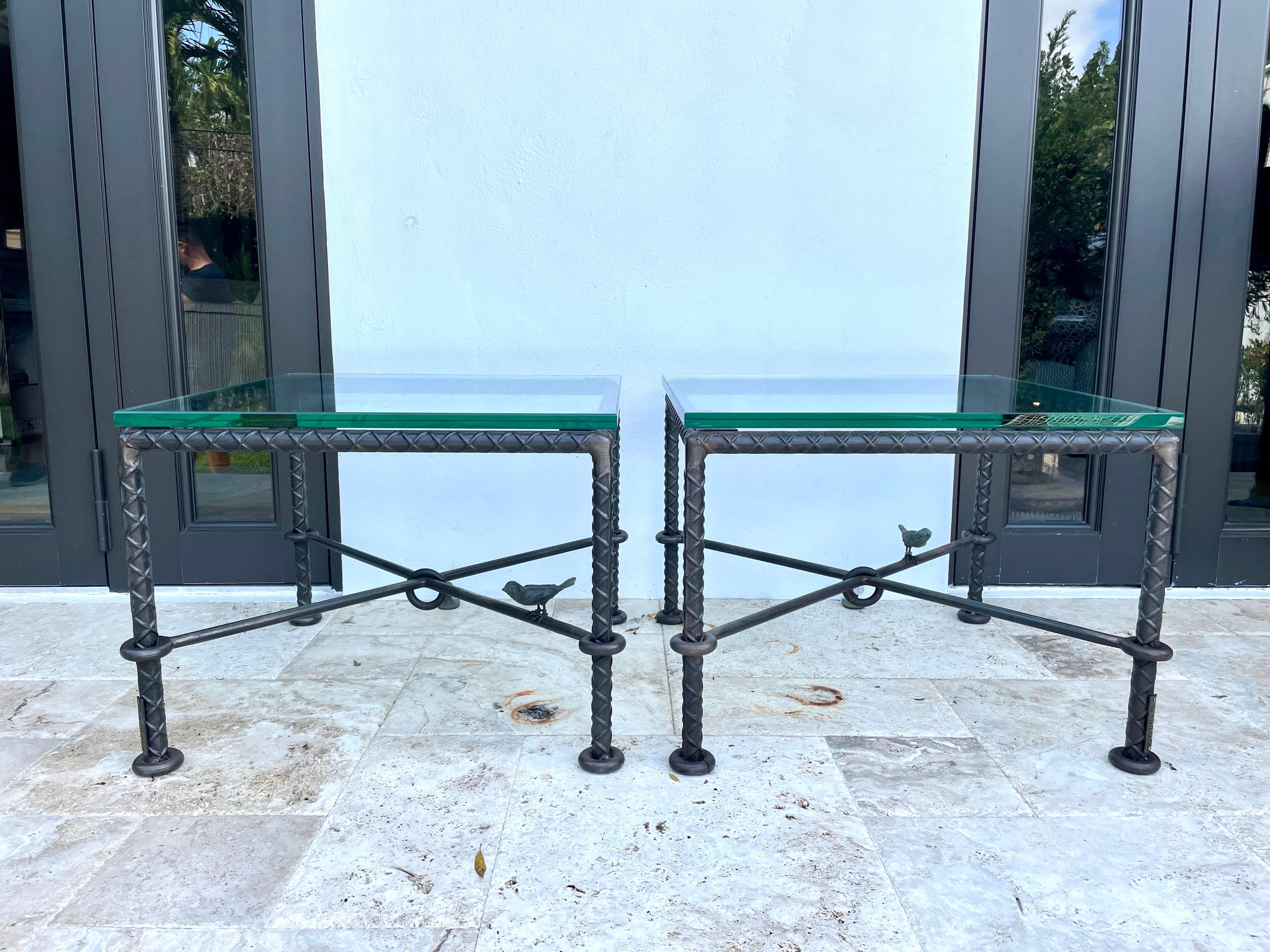 This amazing PAIR of original SIGNED Ilana Goor side tables made of steel and bronze are highly influenced by Giacometti works. They are constructed out of concrete reinforcing bars with natural verdigris finished bronze birds creating very