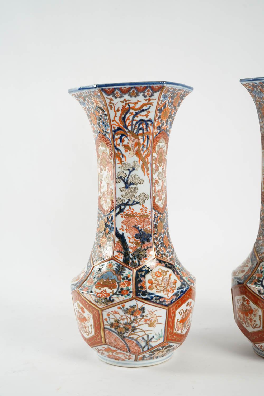 Rare Pair of Imari Porcelain Vases with Polychrome Decor, Japan, 19th Century.