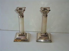 Rare Pair of Important New York Estate English Silver White Jade Candlesticks