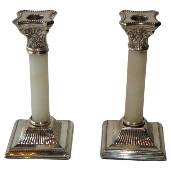 Rare Pair of Important New York Estate English Silver White Jade Candlesticks