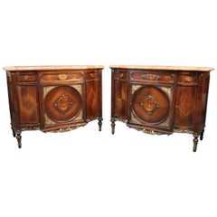 Antique Rare Pair of Inlaid Marble-Top Louis XVI Commodes Buffets Sideboards, circa 1920