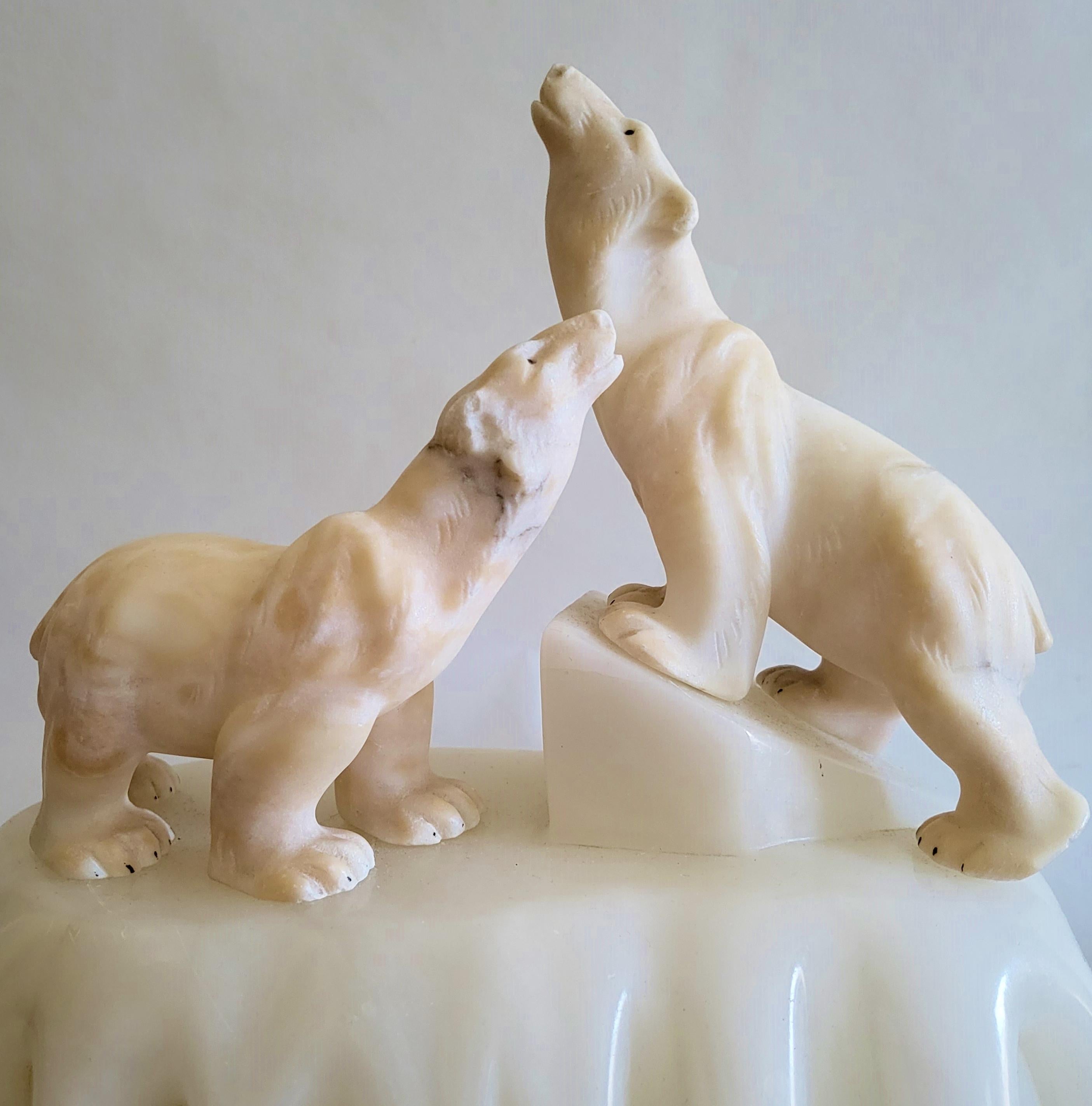 Mid-20th Century Rare Pair of Italian Art Deco Alabaster & Marble Figural Polar Bear Accent Lamps