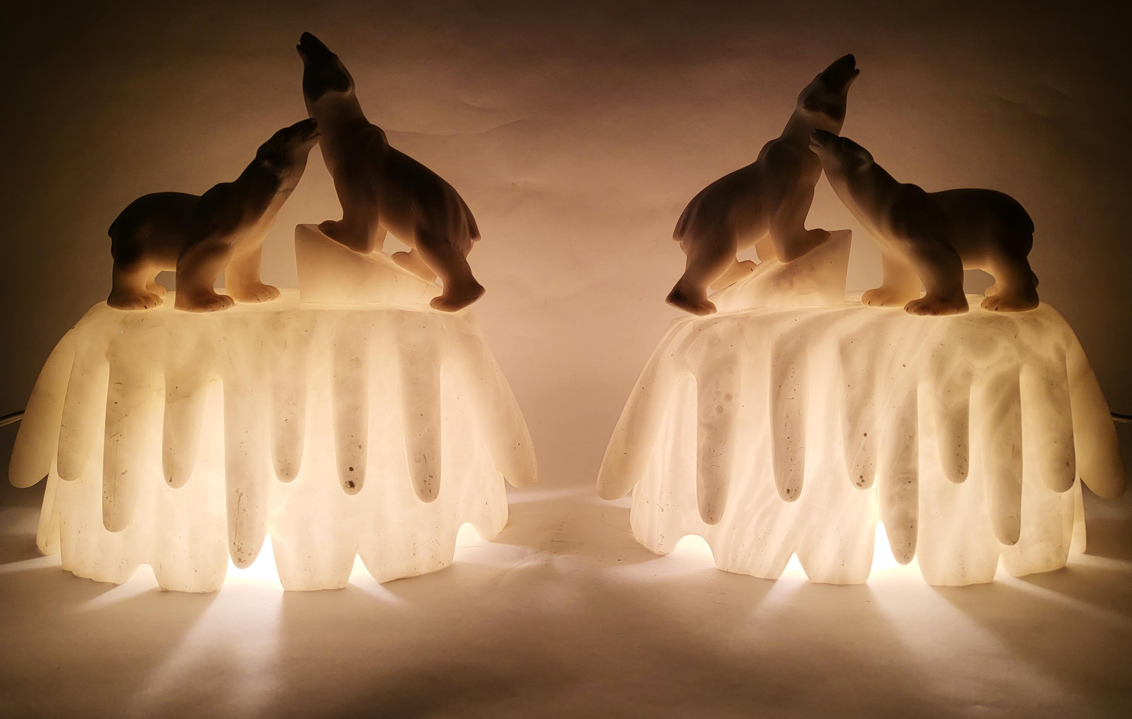 Rare Pair of Italian Art Deco Alabaster & Marble Figural Polar Bear Accent Lamps 2