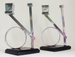 Rare Pair of Italian Futurist/Art Deco Chrome and Black Enamel Candlesticks