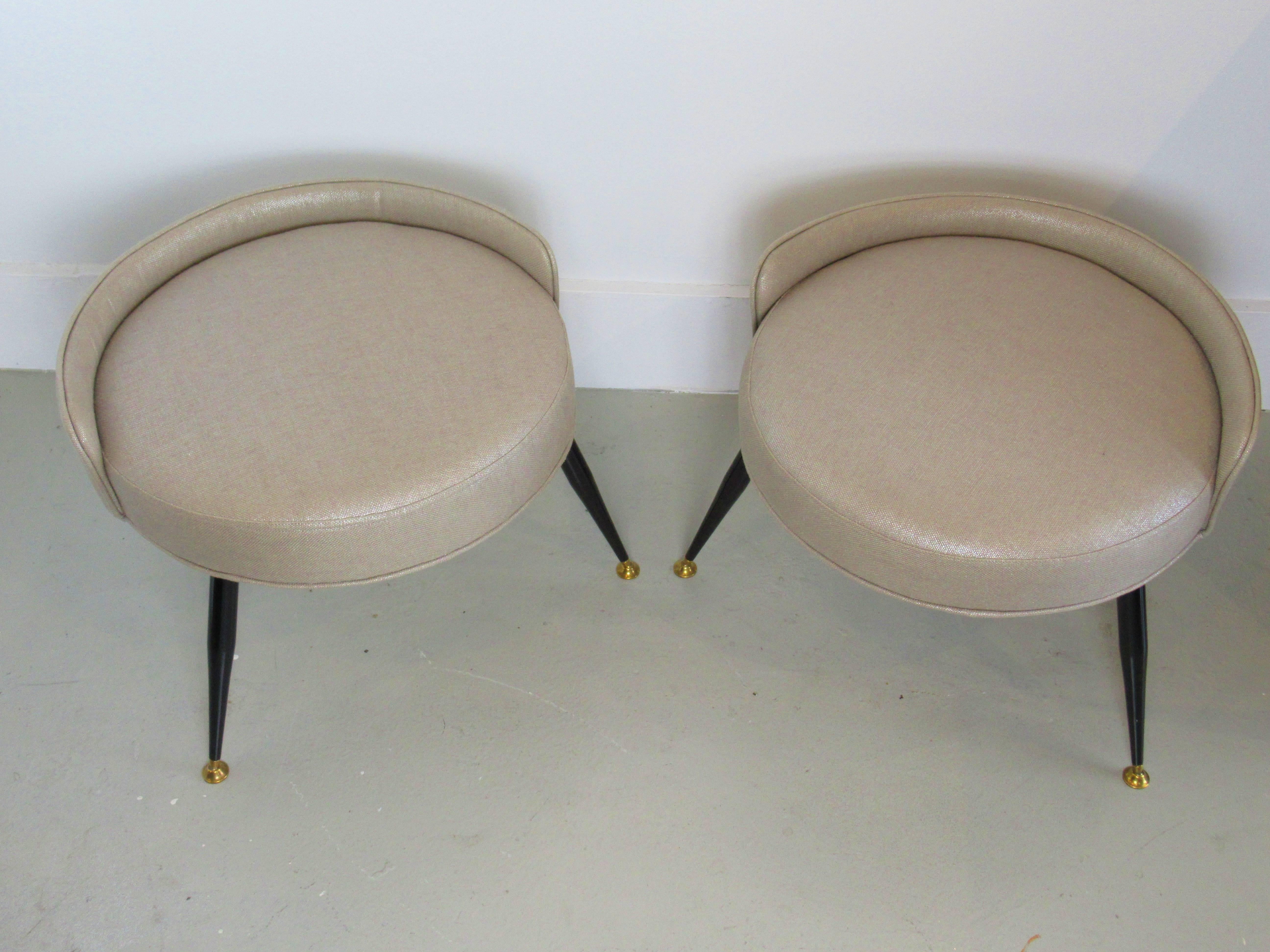 Rare pair of Italian modern splayed leg stools. Attributed to Gastone Rinaldi for RIMA, circa 1958. Excellent condition fully restored. Brass and enameled legs.