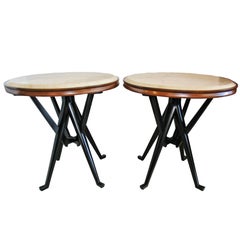 Rare Pair of Italian Modern Walnut, Ebonized and Marble Tables, Cassina