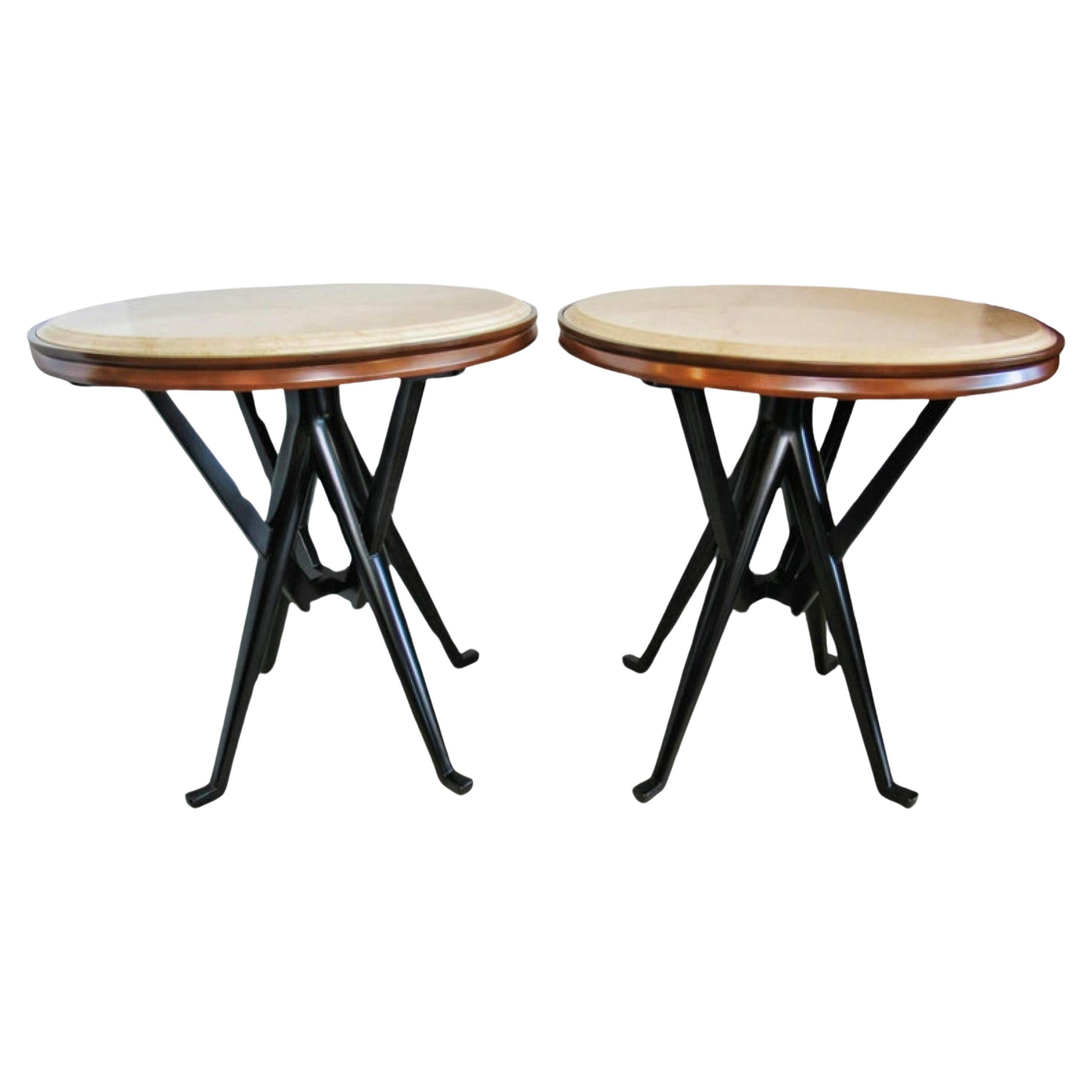 Rare Pair of Italian Modern Walnut, Ebonized and Marble Tables, Cassina For Sale