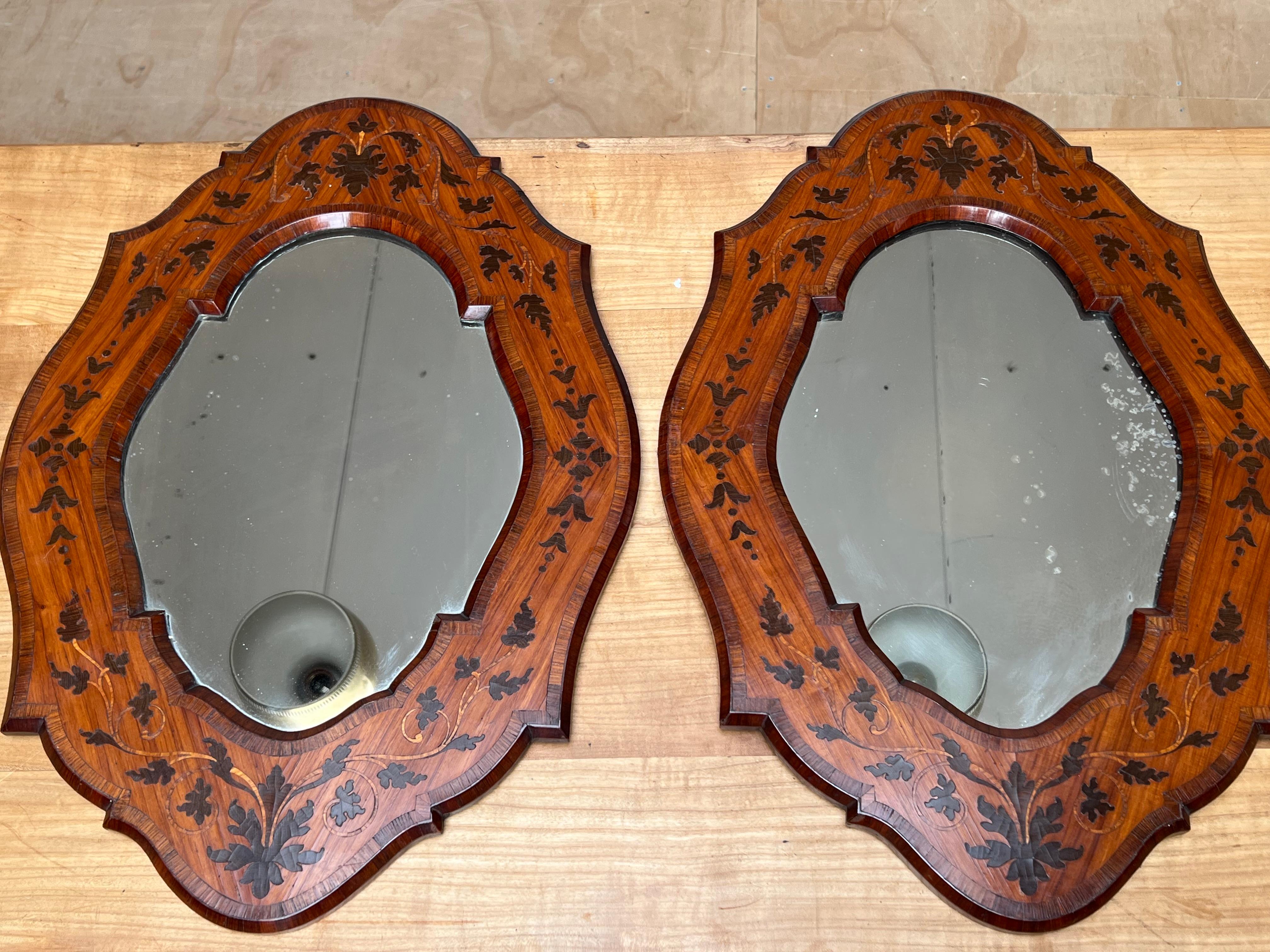 Unique Pair of Italian Wall Mirrors Kingwood Marquetry Inlay Frames, circa 1870 For Sale 8