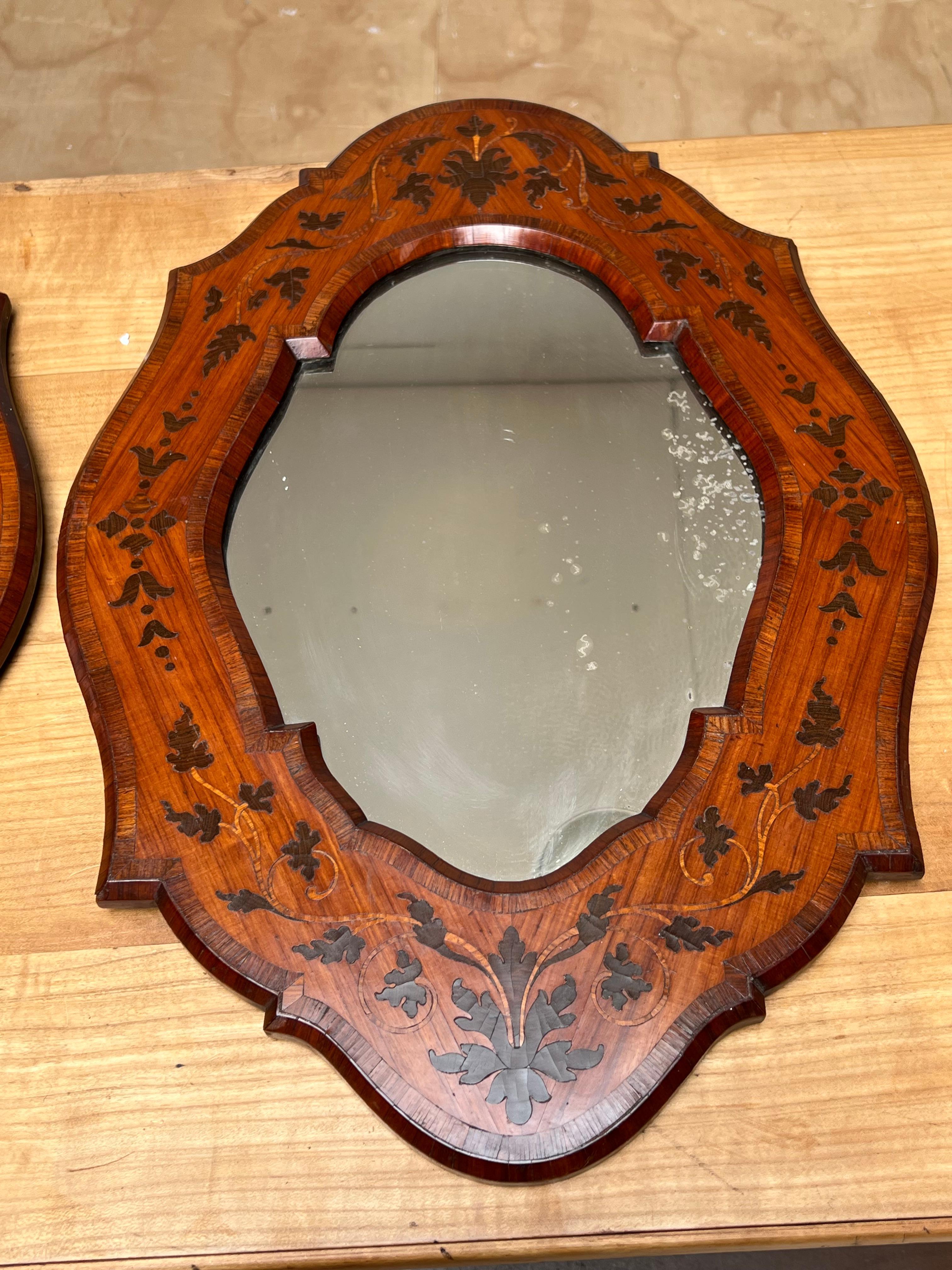 Unique Pair of Italian Wall Mirrors Kingwood Marquetry Inlay Frames, circa 1870 For Sale 9