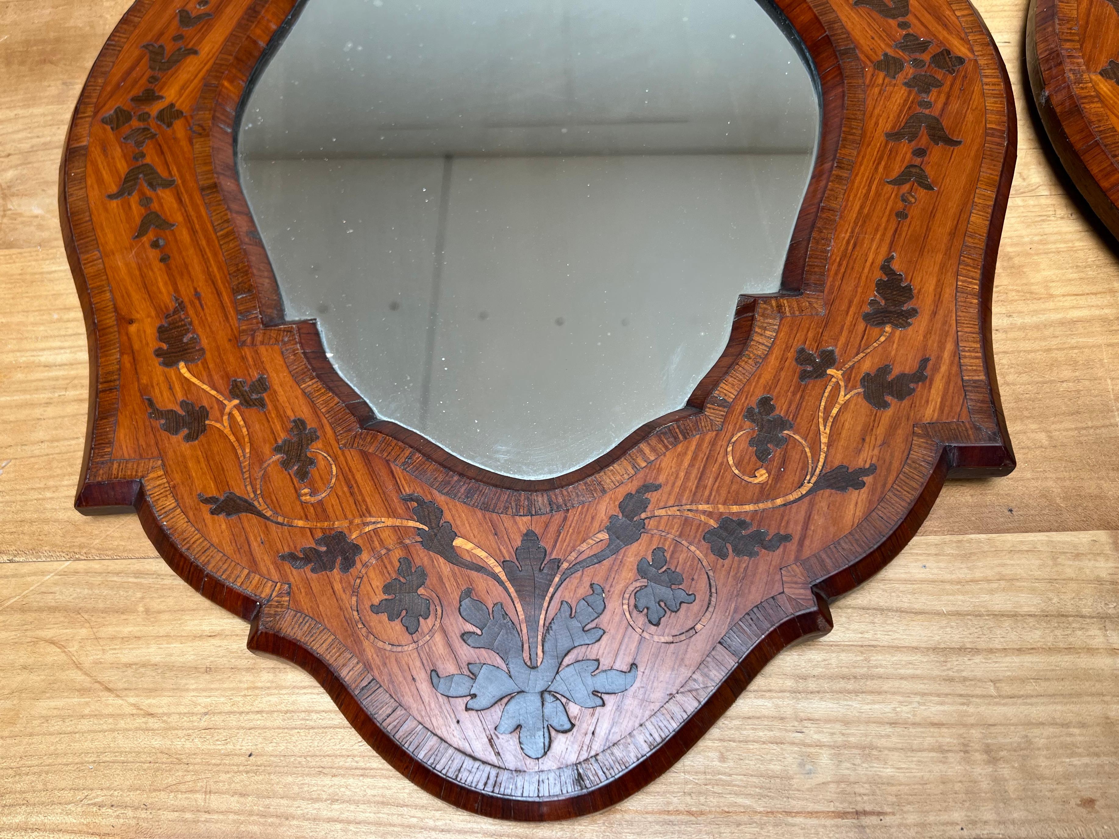 Unique Pair of Italian Wall Mirrors Kingwood Marquetry Inlay Frames, circa 1870 For Sale 13