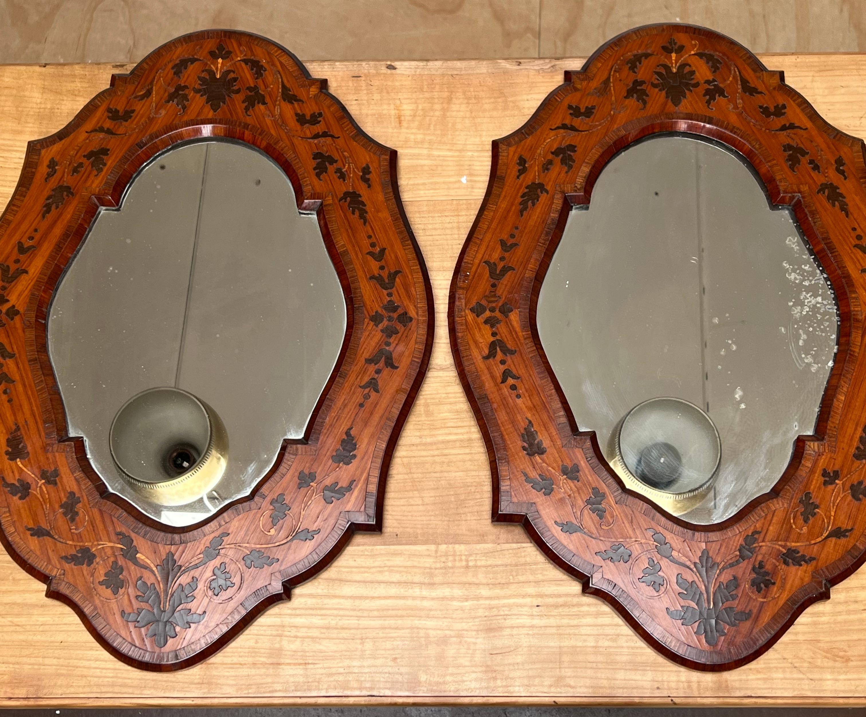 19th Century Unique Pair of Italian Wall Mirrors Kingwood Marquetry Inlay Frames, circa 1870 For Sale