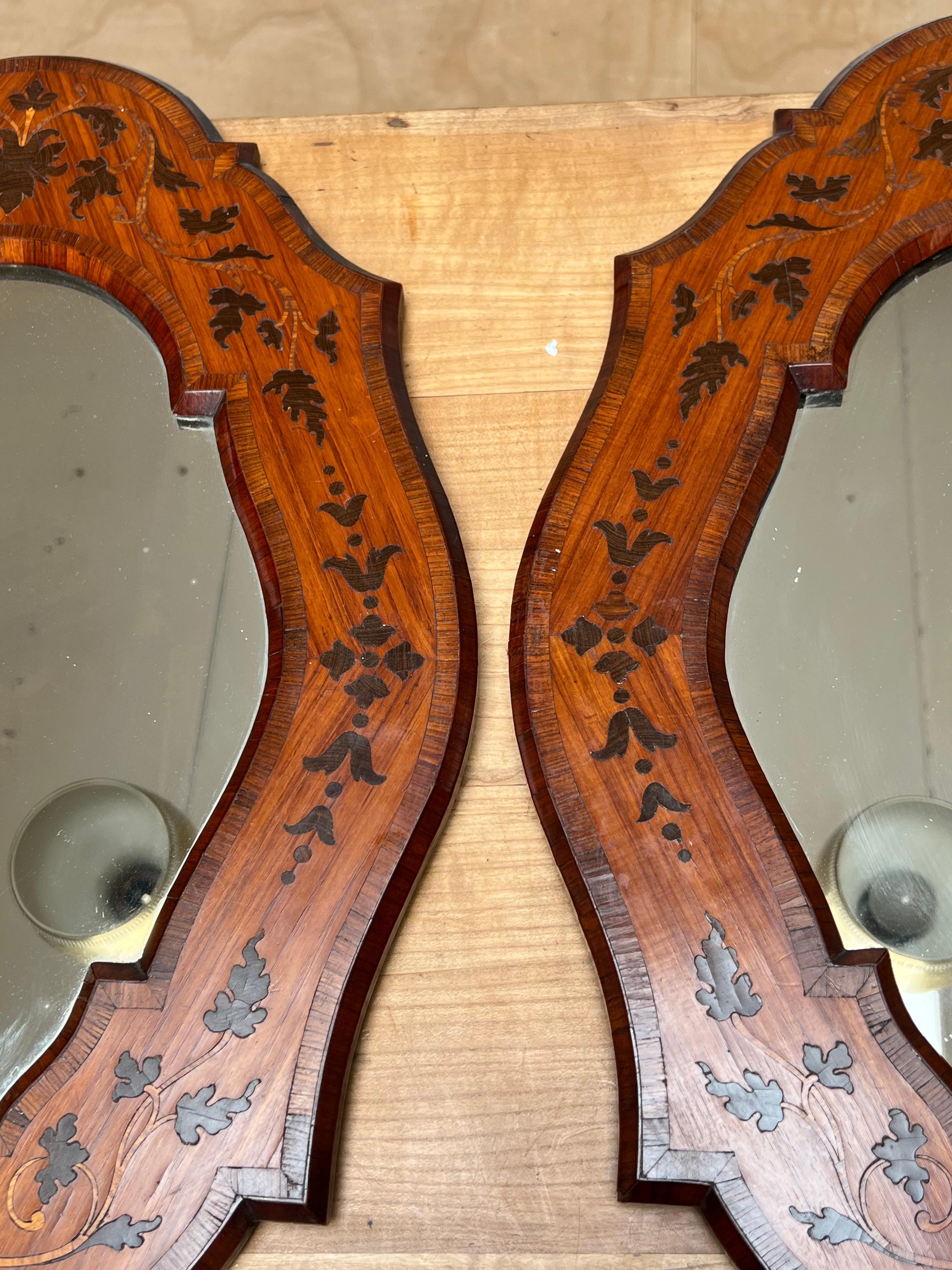 Unique Pair of Italian Wall Mirrors Kingwood Marquetry Inlay Frames, circa 1870 For Sale 1