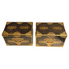 Rare Pair of Japanese Black and Gold Lacquer boxes, small trunks, Japan, 19thc