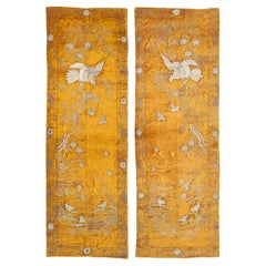 Rare Pair of Japanese Meiji Period Silver Thread Embroideries on Silk Velvet