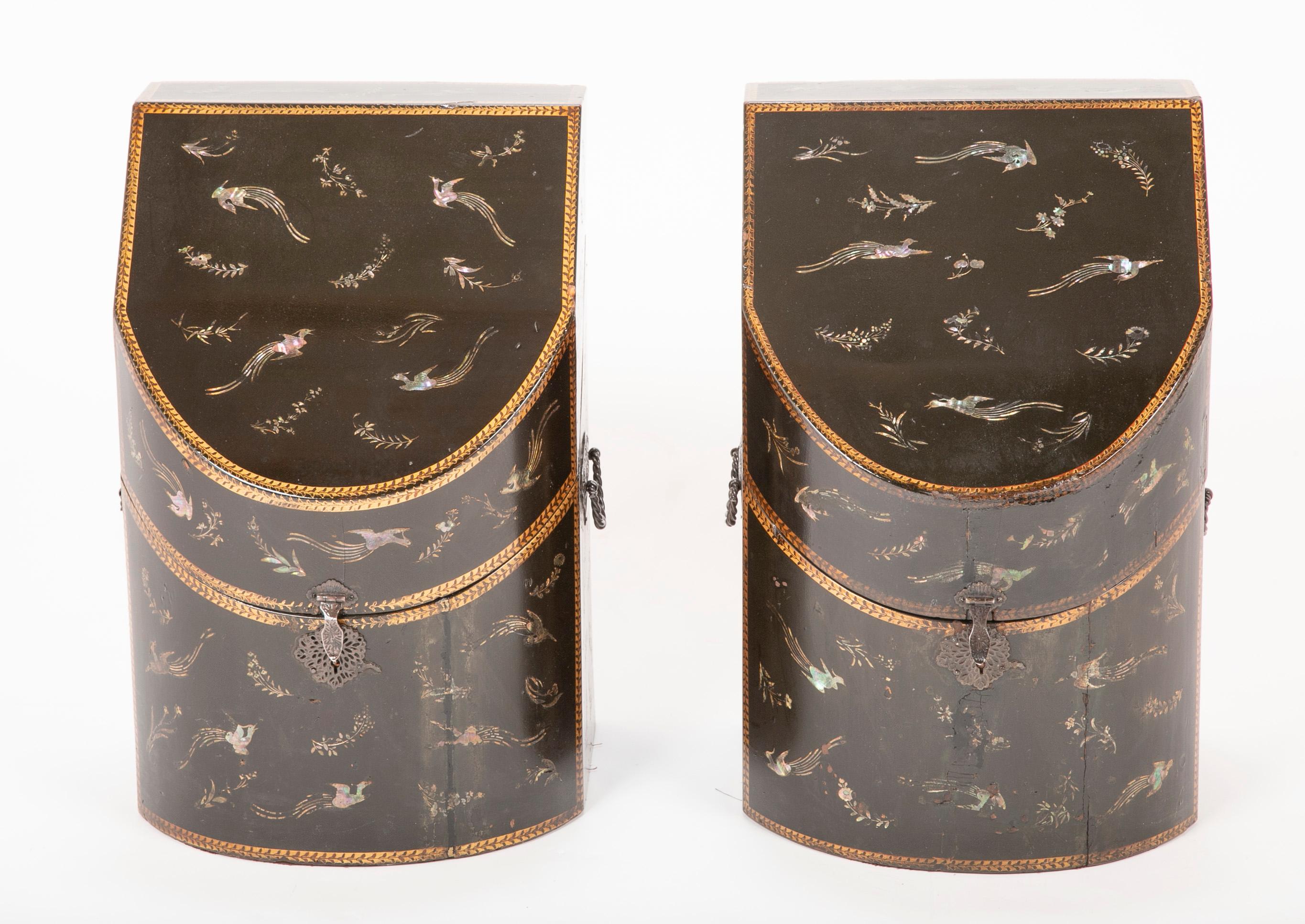 Rare pair of Japanese Nagasaki Export lacquered wood knife boxes with mother-of-pearl inlay of flowers and birds, now converted to letter boxes.  The boxes were converted to letter boxes in the late 19th c. as shown in photograph.
From Sutton Place
