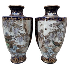 Antique Rare Pair of Japanese Satsuma Earthenware Vases, Japan Late Edo Period